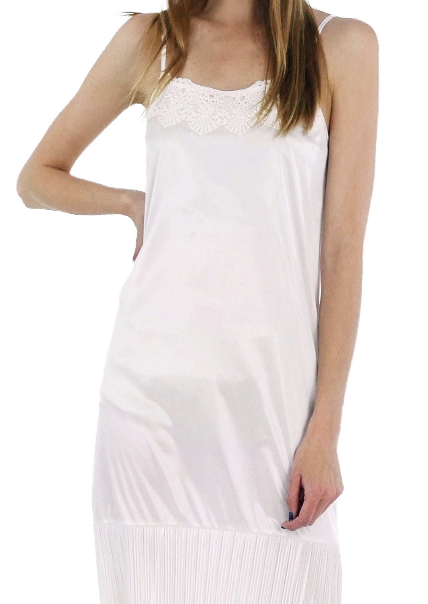 Women Satin Full Slip Lace Trim on Neck with Pleated Bottom - Non Seethrough - Shop Lev