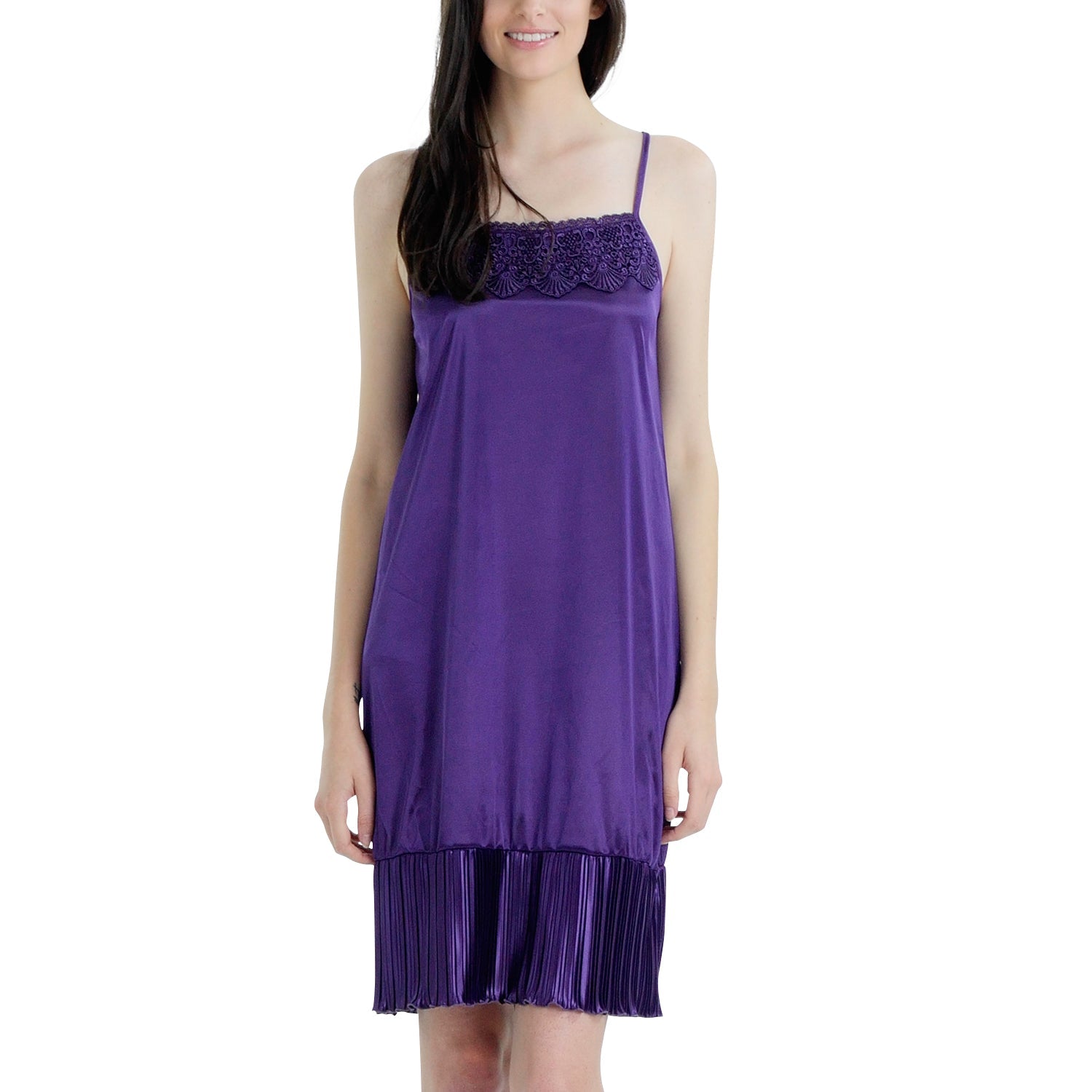 Women Satin Full Slip Lace Trim on Neck with Pleated Bottom - Non Seethrough - Shop Lev