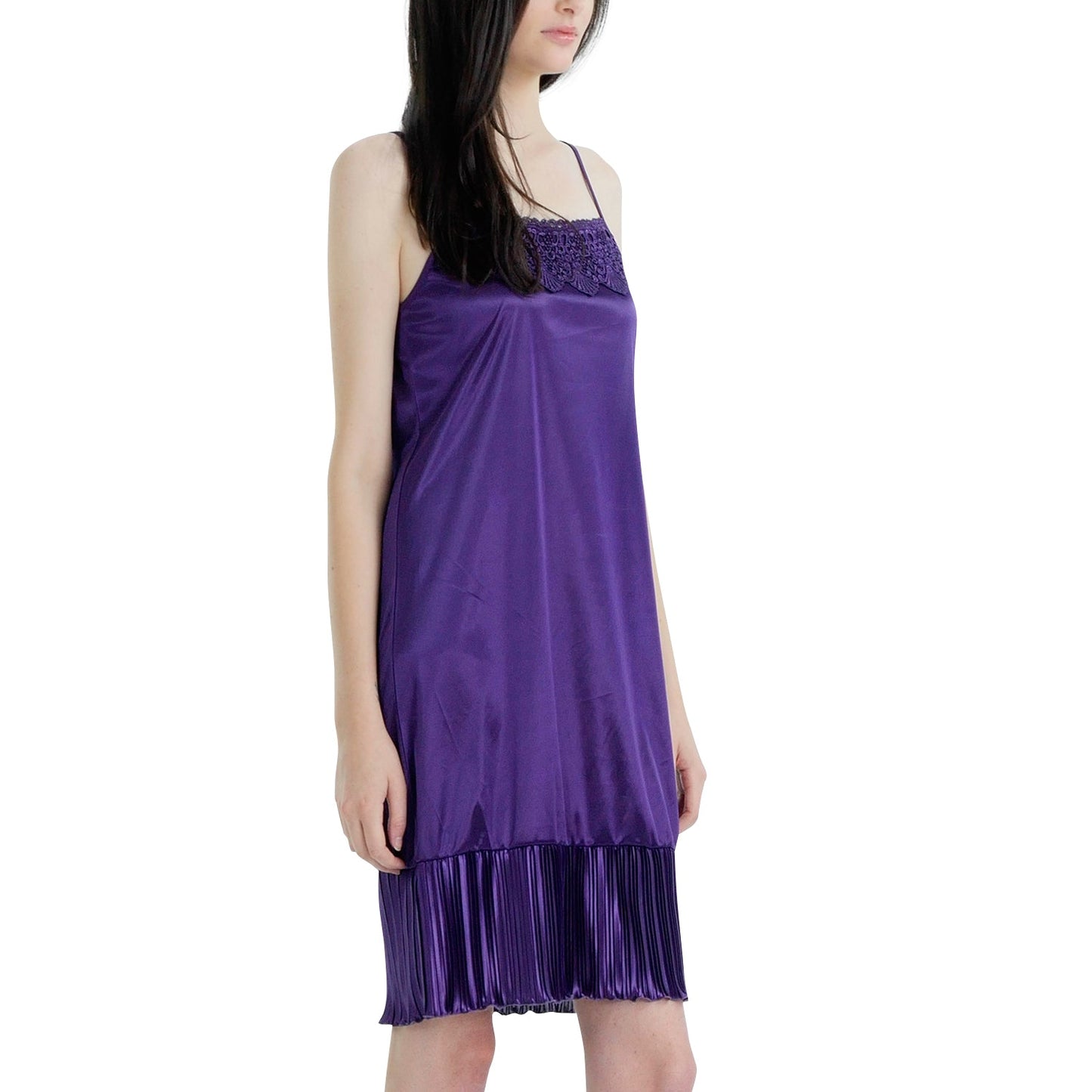 Women Satin Full Slip Lace Trim on Neck with Pleated Bottom - Non Seethrough - Shop Lev