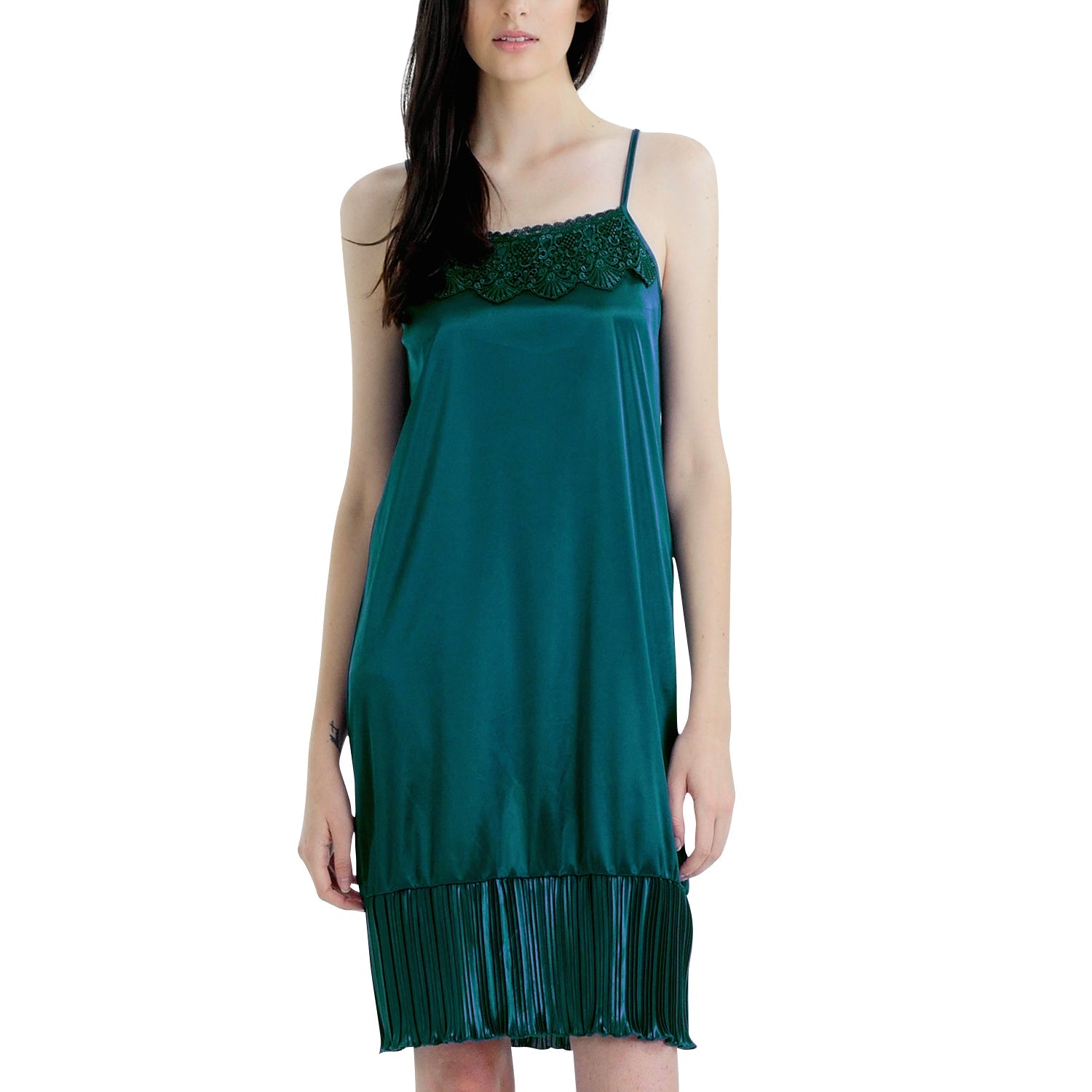 Women Satin Full Slip Lace Trim on Neck with Pleated Bottom - Non Seethrough - Shop Lev