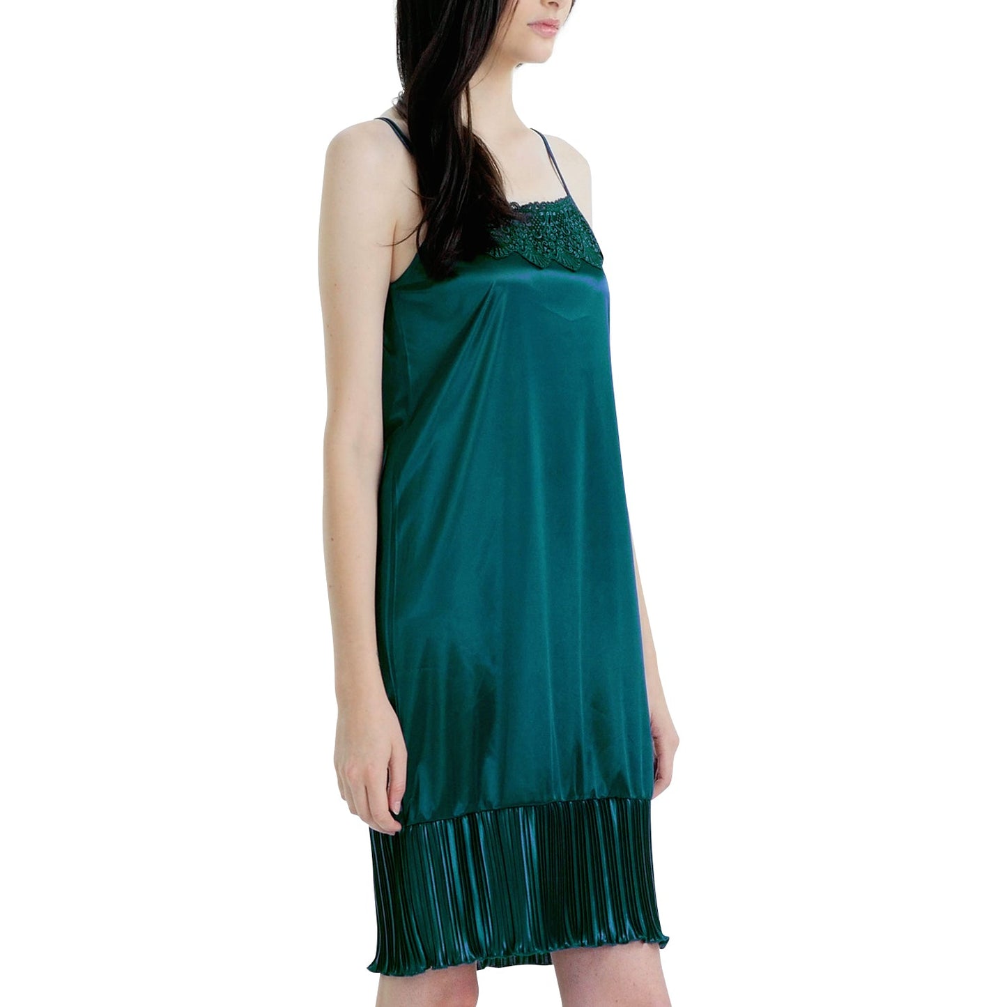 Women Satin Full Slip Lace Trim on Neck with Pleated Bottom - Non Seethrough - Shop Lev