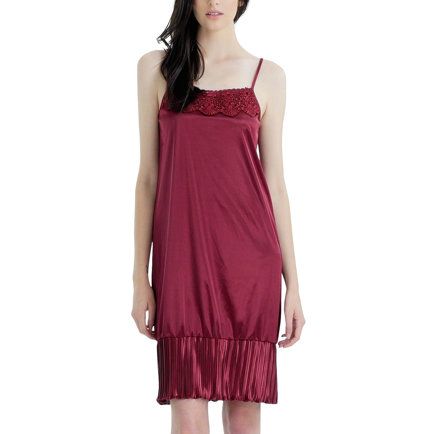 Women Satin Full Slip Lace Trim on Neck with Pleated Bottom - Non Seethrough - Shop Lev