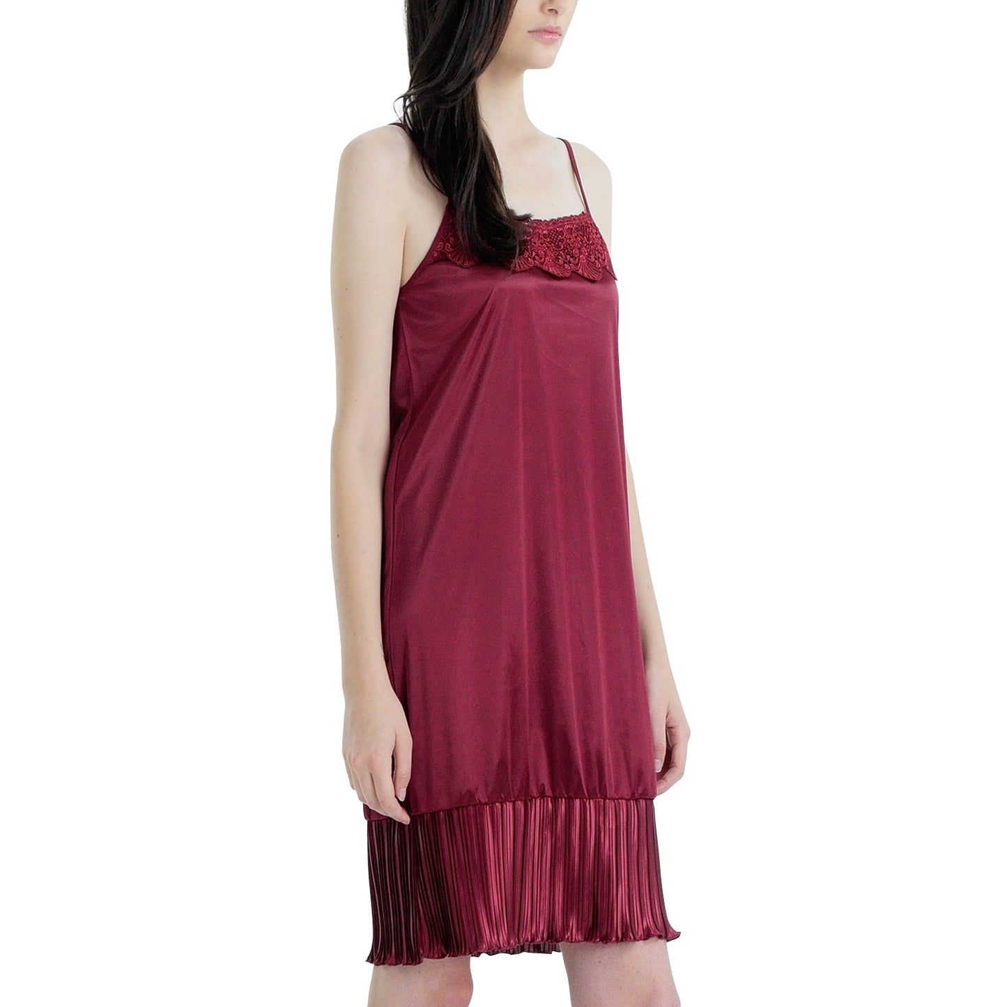 Women Satin Full Slip Lace Trim on Neck with Pleated Bottom - Non Seethrough - Shop Lev