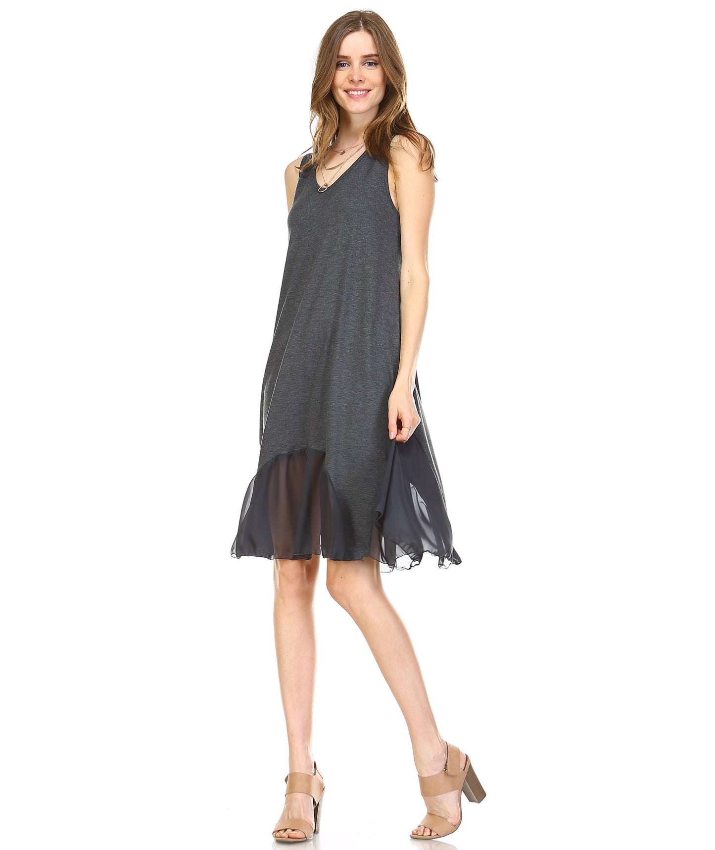Women's Flare Tank Full Slip Dress with Sheer Scoop Bottom - Shop Lev