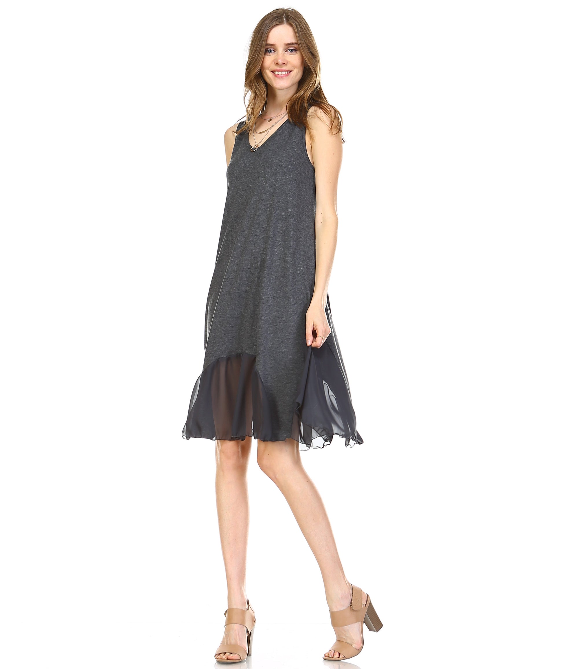 Women's Flare Tank Full Slip Dress with Sheer Scoop Bottom - Shop Lev