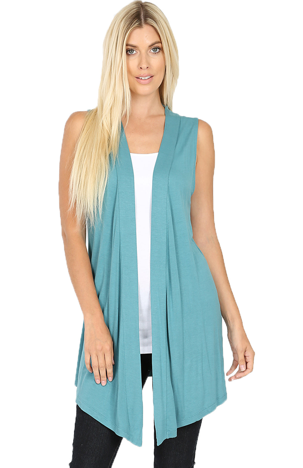 Women Draped Flowy Lightweight Jersey Casual Layering midi Length Cardigan Vest -Sleeveless and Long Sleeves