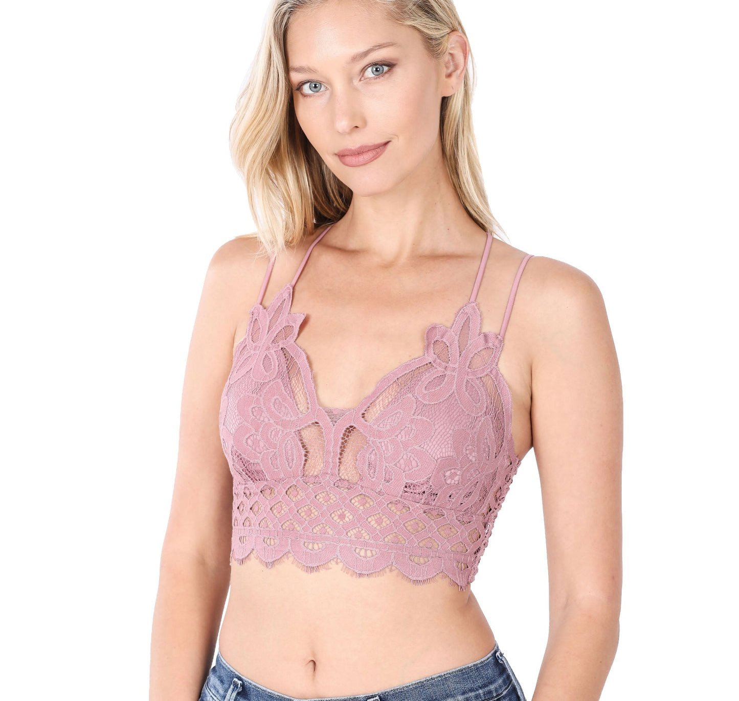 Women’s Crochet Sexy Lace Bralette with Removable Pads and Cross Back Adjustable Strap
