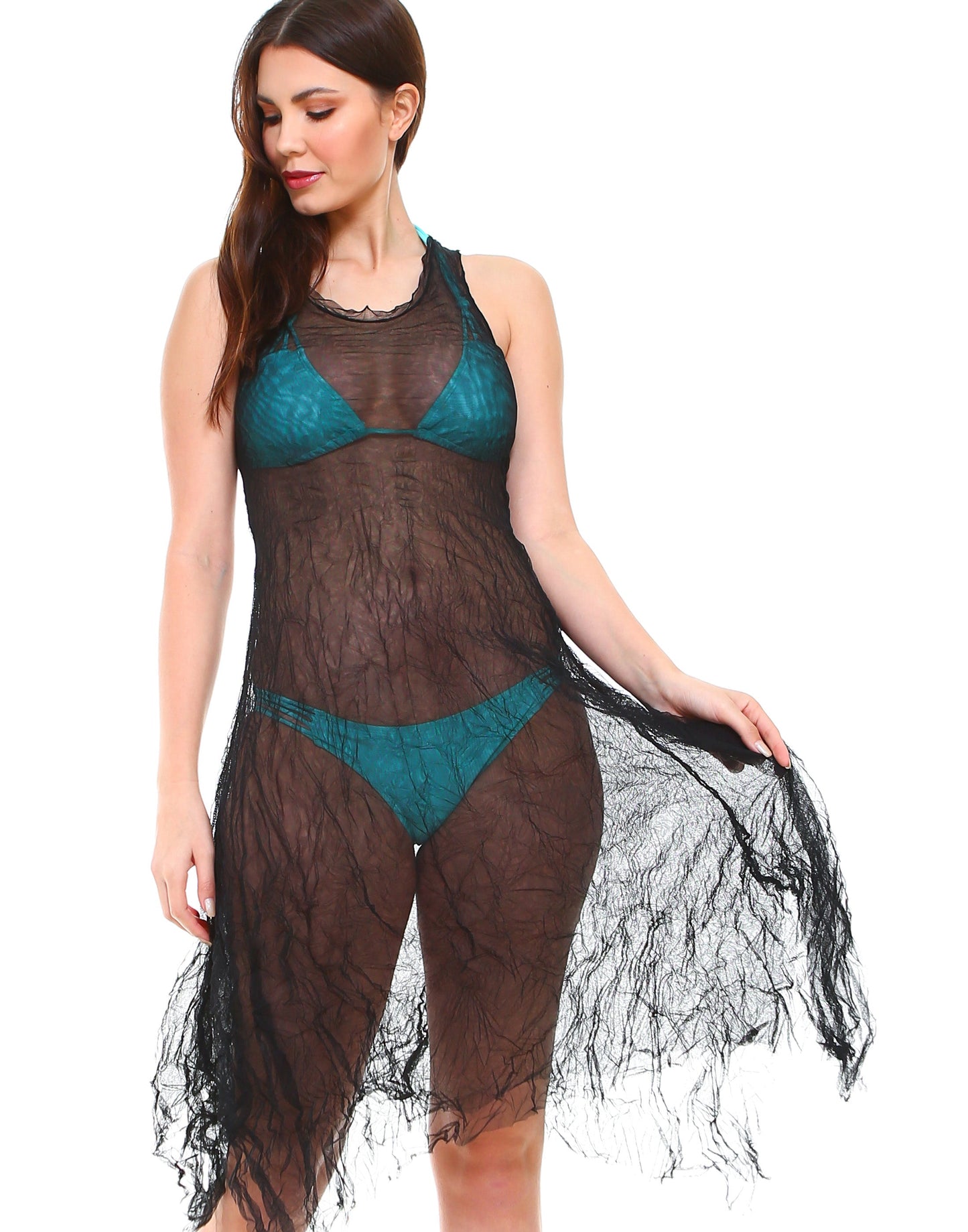 Women's Sleeveless Long Double Layer Crinkled Mesh Dress - Shop Lev