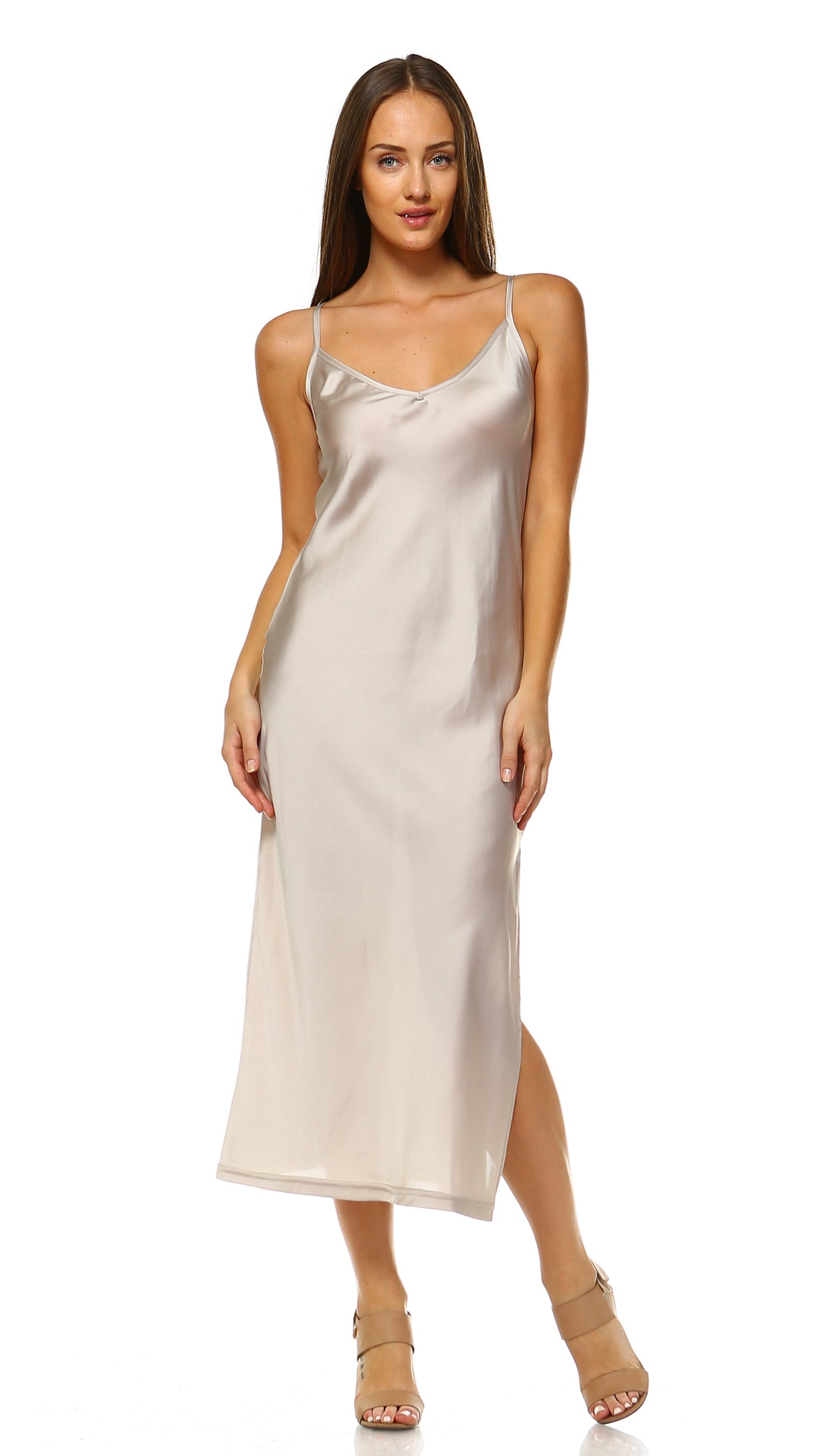 Women V Neck bias Cut Satin Camisole Maxi Full Slip Dress - Shop Lev