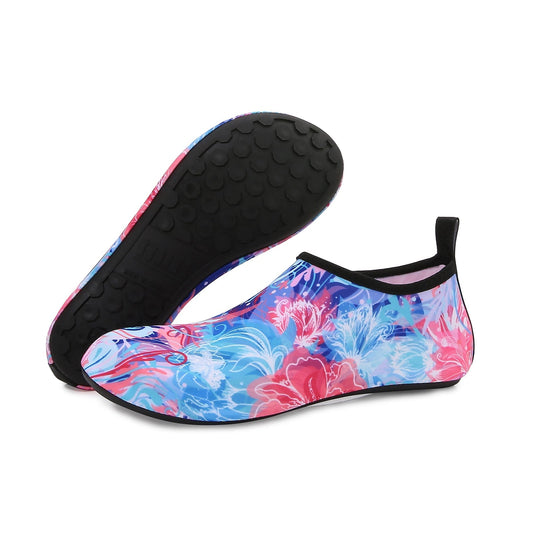 Men and Women a Slip On Barefoot Quick-Dry Beach Aqua Yoga Water Shoes (Floral/Pink Blue)