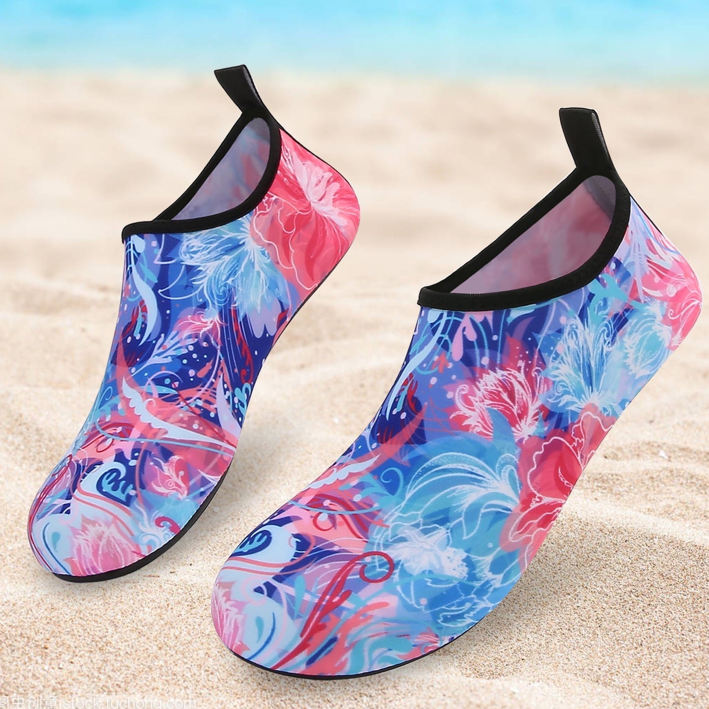 Men and Women a Slip On Barefoot Quick-Dry Beach Aqua Yoga Water Shoes (Floral/Pink Blue)