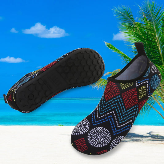 Men and Women a Slip On Barefoot Quick-Dry Beach Aqua Yoga Water Shoes (Geometric/Black)