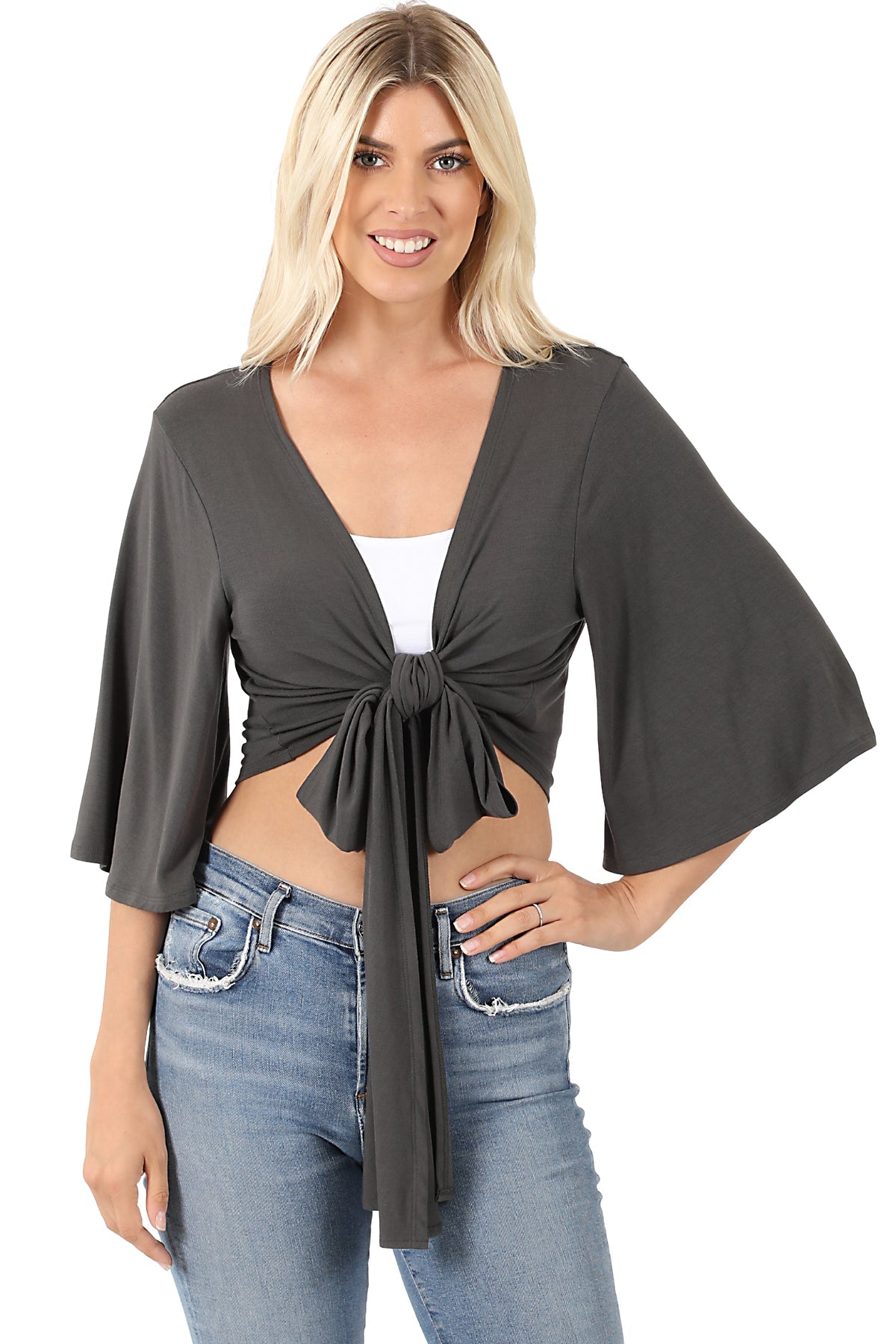 Women Deep V Neck Tie Knot Front Flare Sleeves Basic Crop Top and Cardigan Convertible