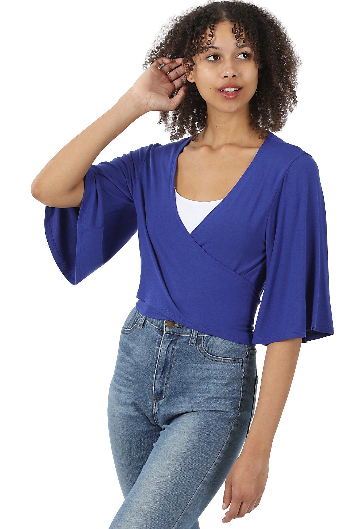 Women Deep V Neck Tie Knot Front Flare Sleeves Basic Crop Top and Cardigan Convertible