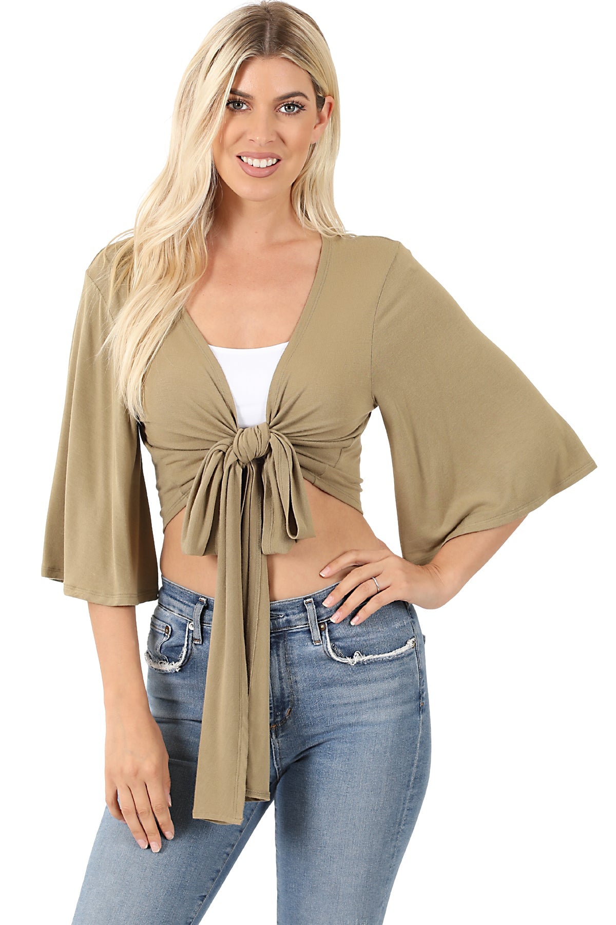 Women Deep V Neck Tie Knot Front Flare Sleeves Basic Crop Top and Cardigan Convertible