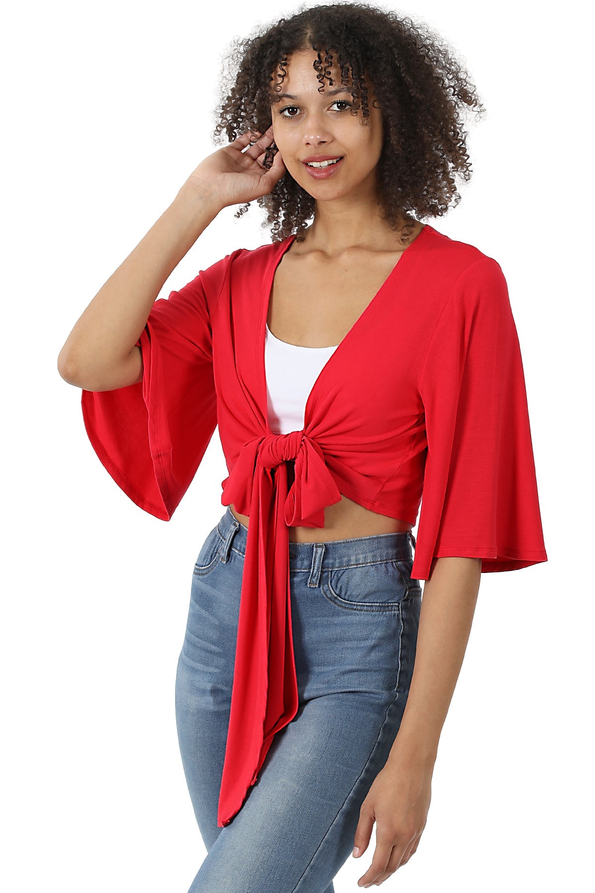 Women Deep V Neck Tie Knot Front Flare Sleeves Basic Crop Top and Cardigan Convertible