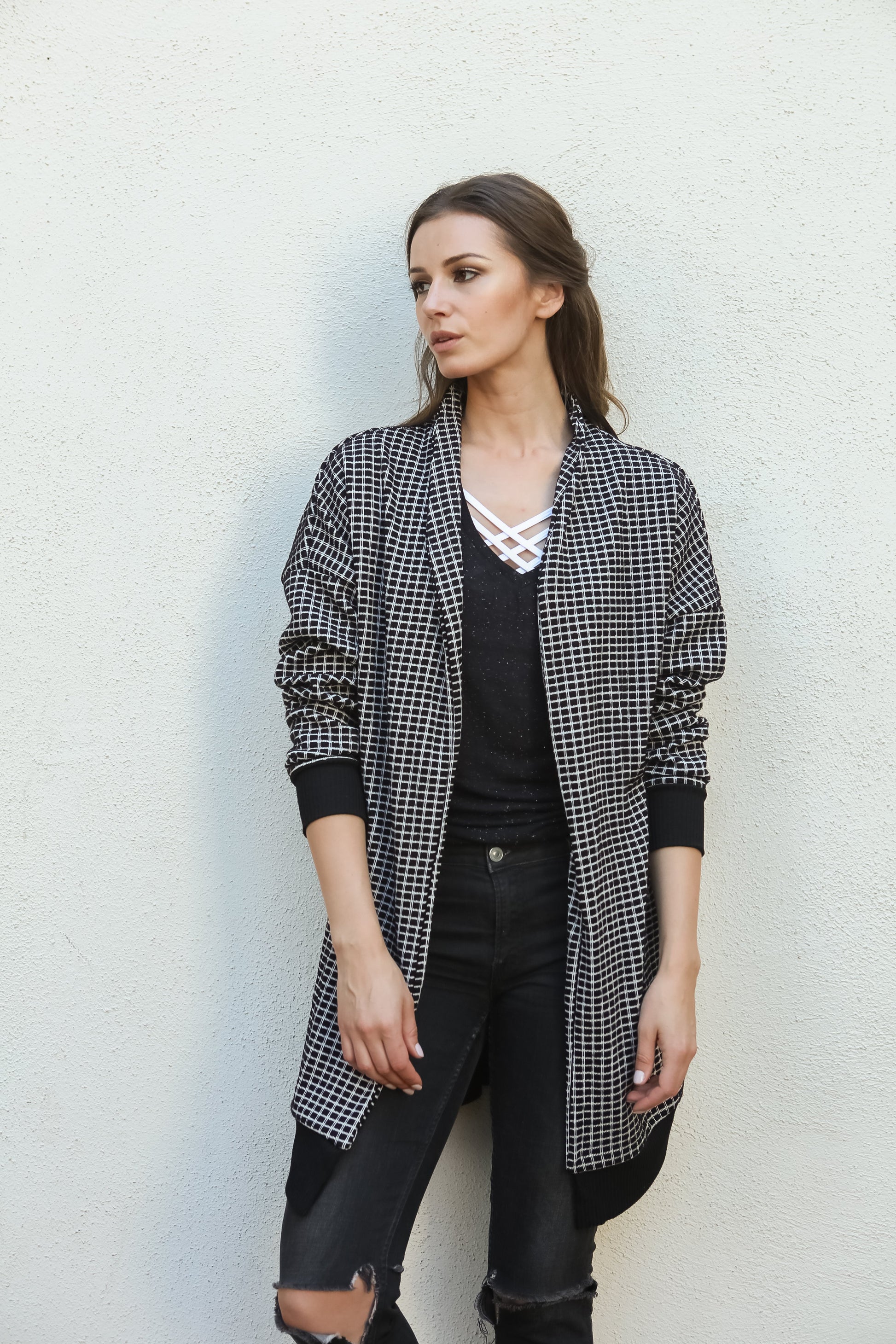 Women Gingham Checkered Casual Open Front Sweater Knit Longline Cardigan - Shop Lev