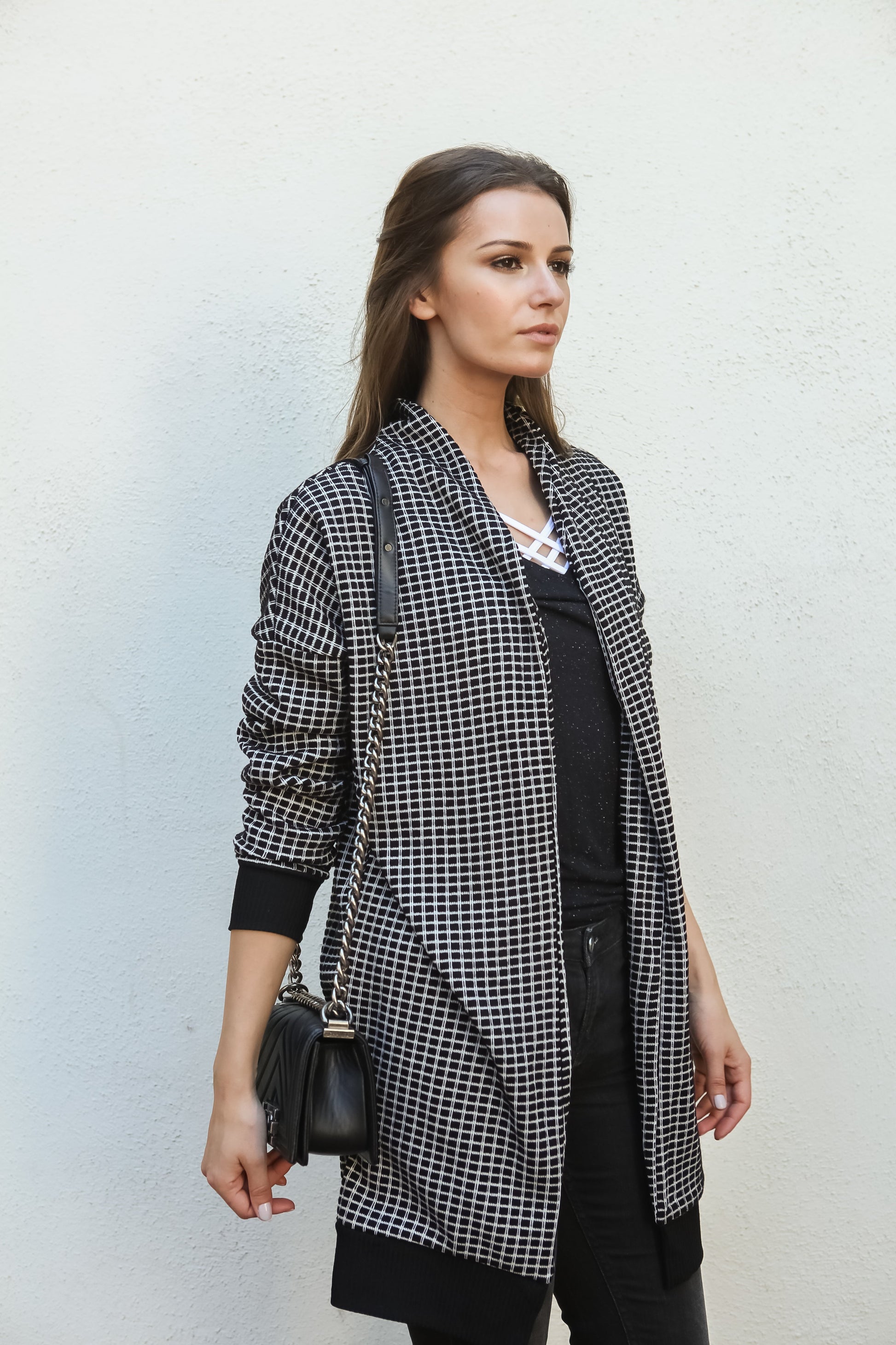 Women Gingham Checkered Casual Open Front Sweater Knit Longline Cardigan - Shop Lev