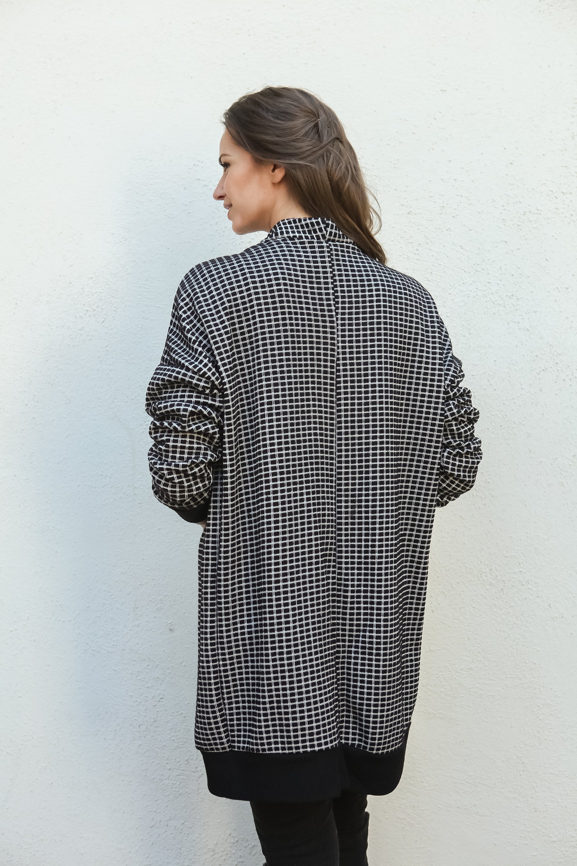 Women Gingham Checkered Casual Open Front Sweater Knit Longline Cardigan - Shop Lev