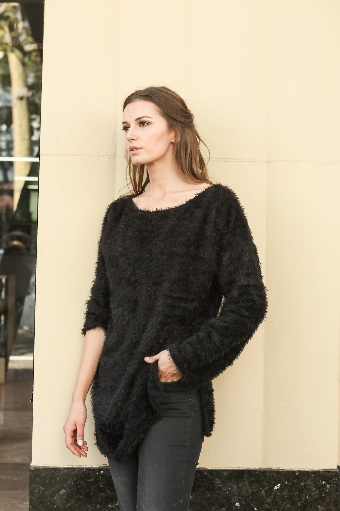 Women Boat Neck Fuzzy Furry Sweater Knit Pullover Loose Fit Tunic Top - Shop Lev