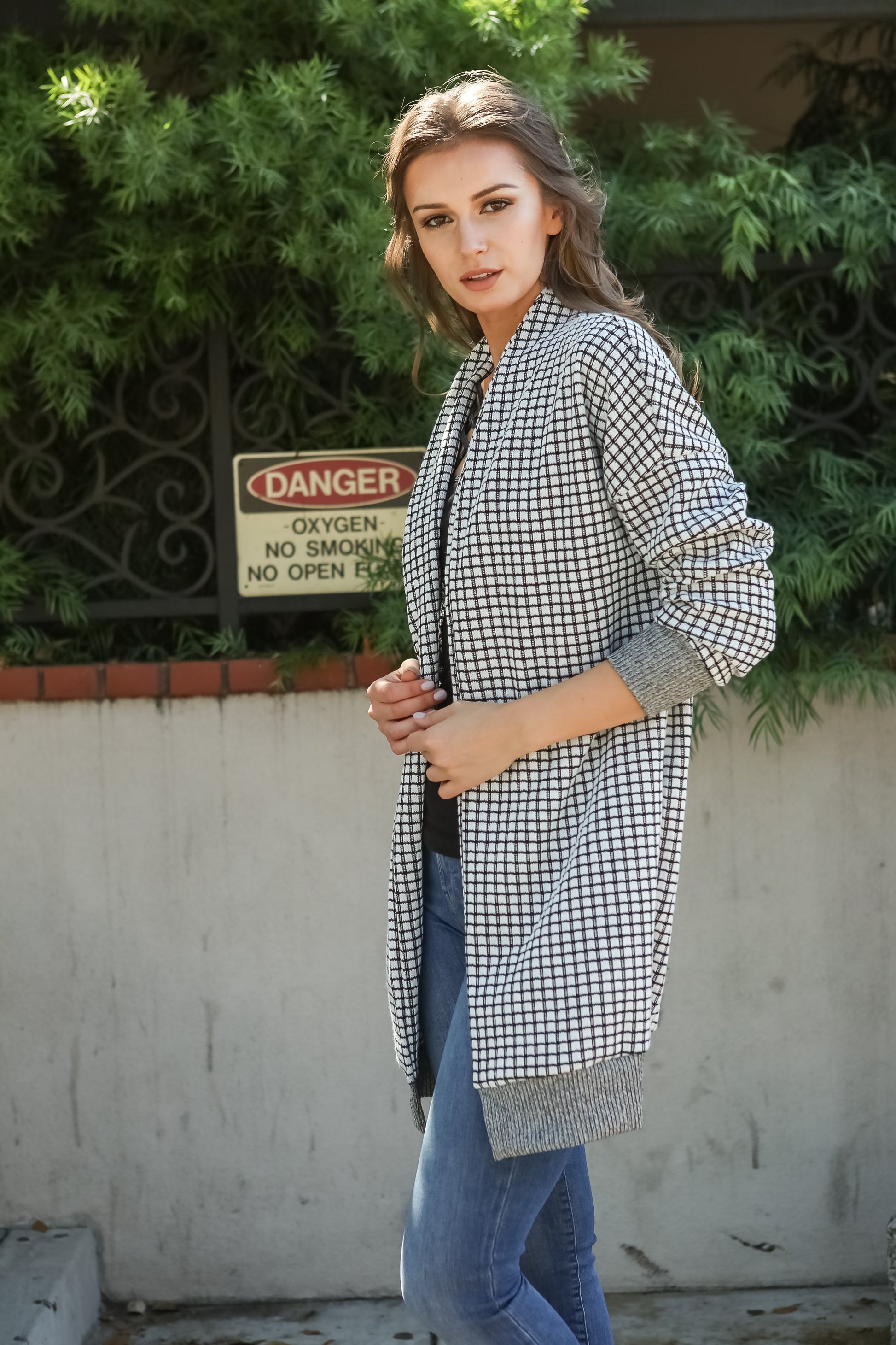 Women Gingham Checkered Casual Open Front Sweater Knit Longline Cardigan - Shop Lev
