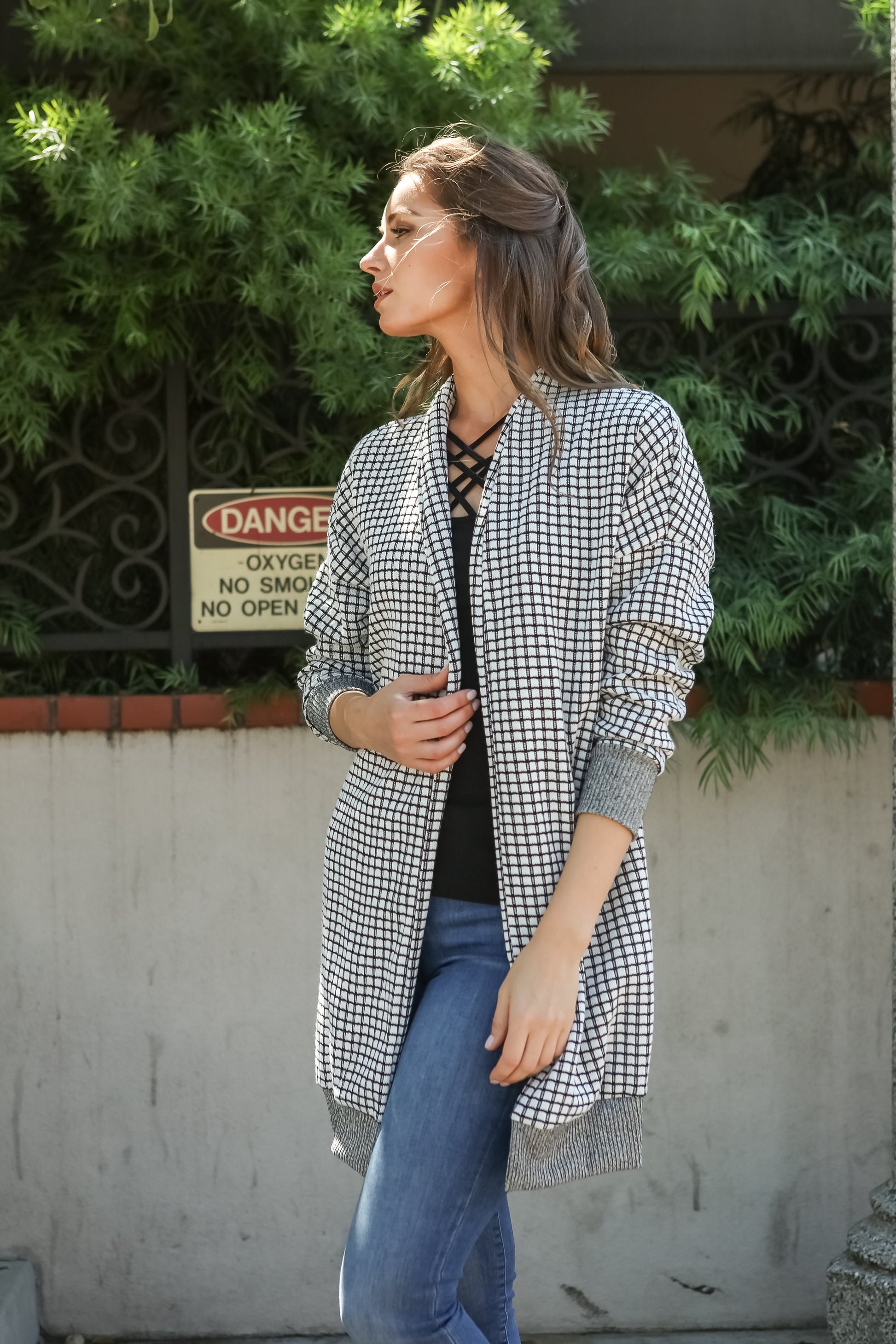 Women Gingham Checkered Casual Open Front Sweater Knit Longline Cardigan - Shop Lev