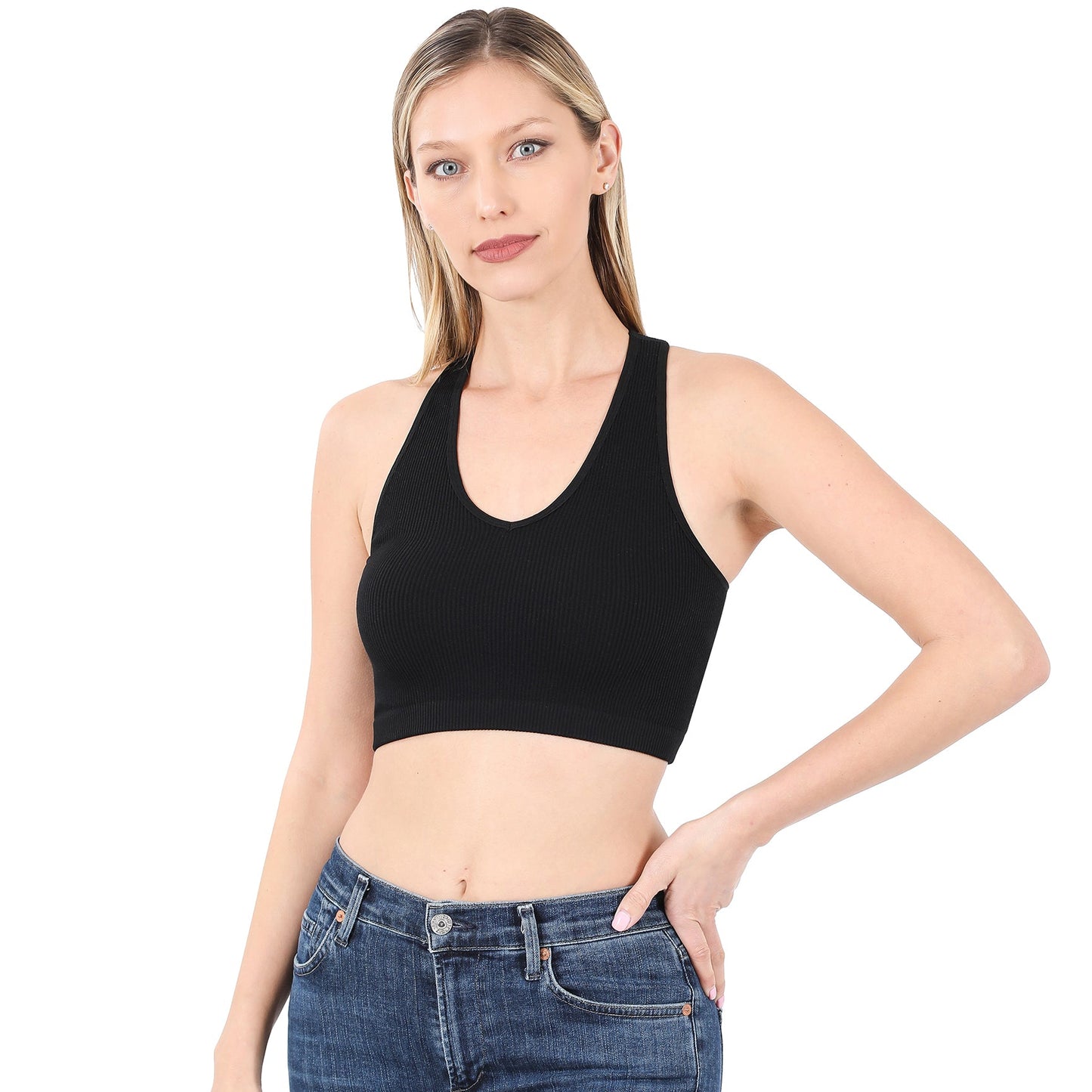 Racerback Ribbed Knit Seamless Cropped Halter Neck Crop Tank Top