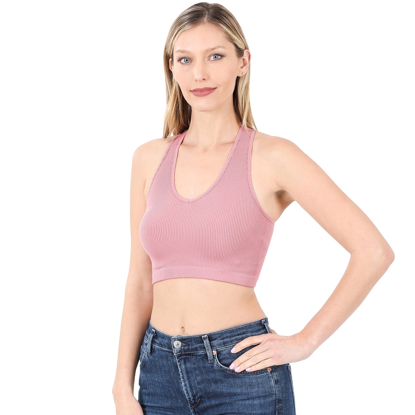Racerback Ribbed Knit Seamless Cropped Halter Neck Crop Tank Top