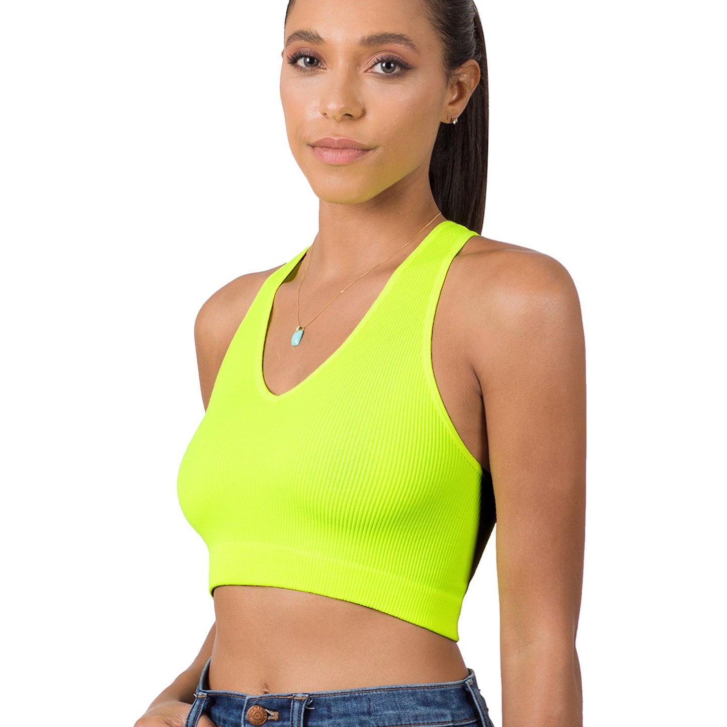 Racerback Ribbed Knit Seamless Cropped Halter Neck Crop Tank Top