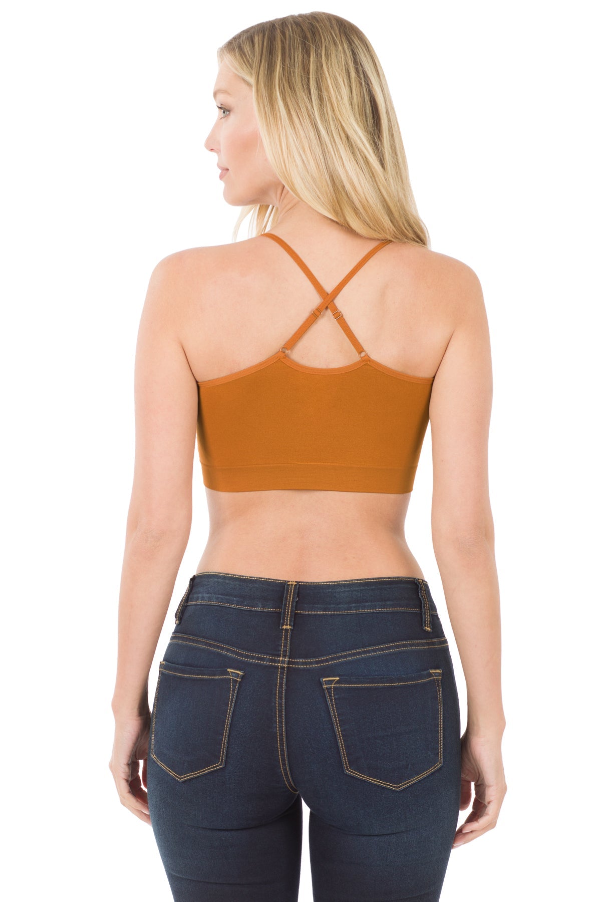Women Seamless Round Neck Daily Padded Sports Bra Top with Adjustable Cross Back Straps