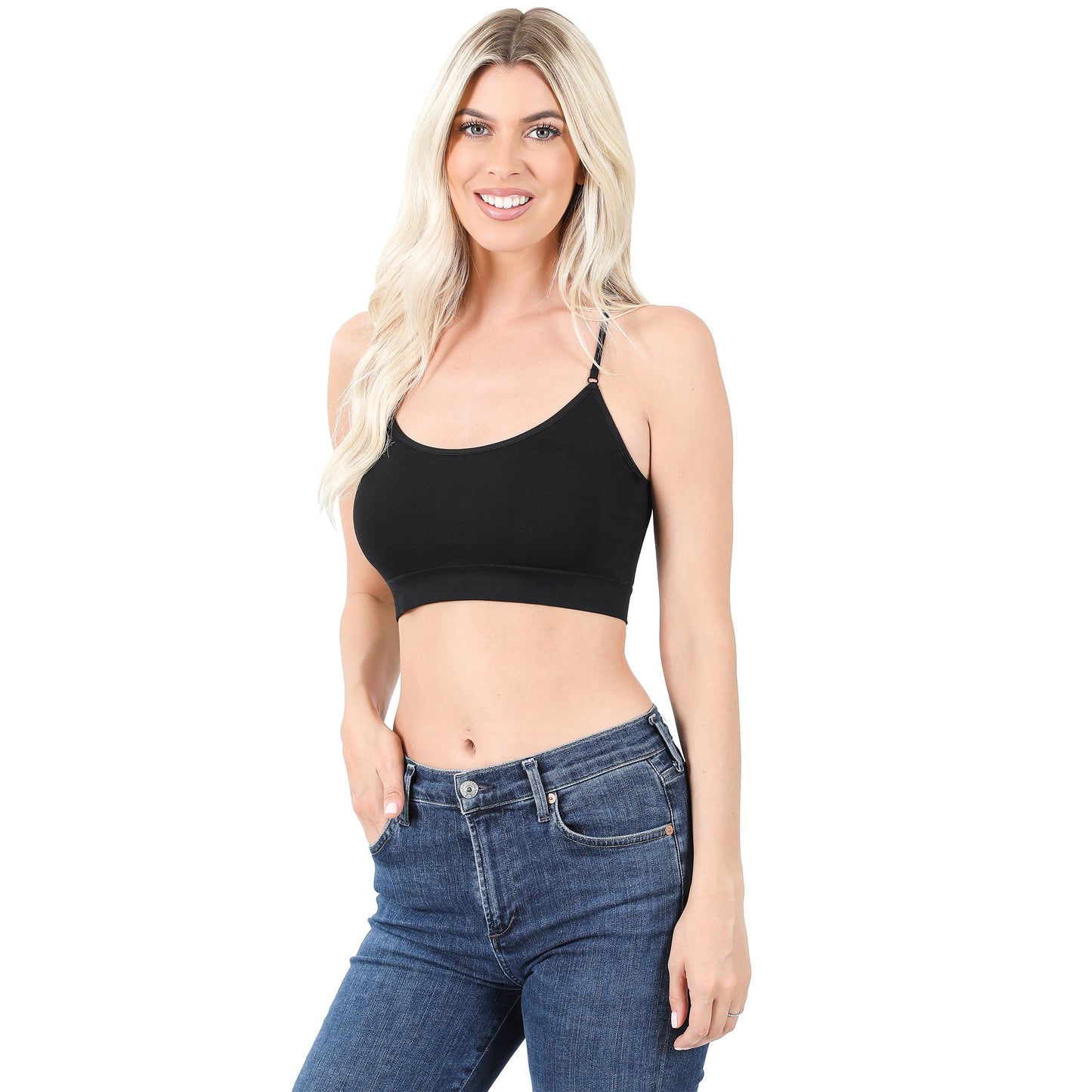 Women Seamless Round Neck Daily Padded Sports Bra Top with Adjustable Cross Back Straps