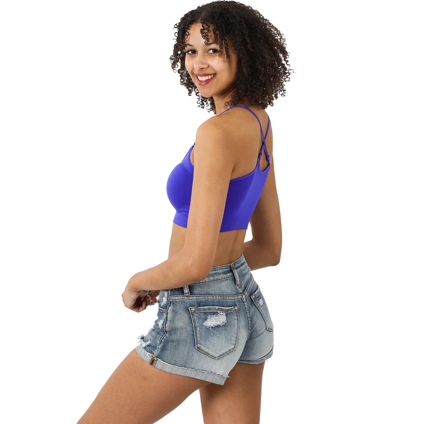 Women Seamless Round Neck Daily Padded Sports Bra Top with Adjustable Cross Back Straps