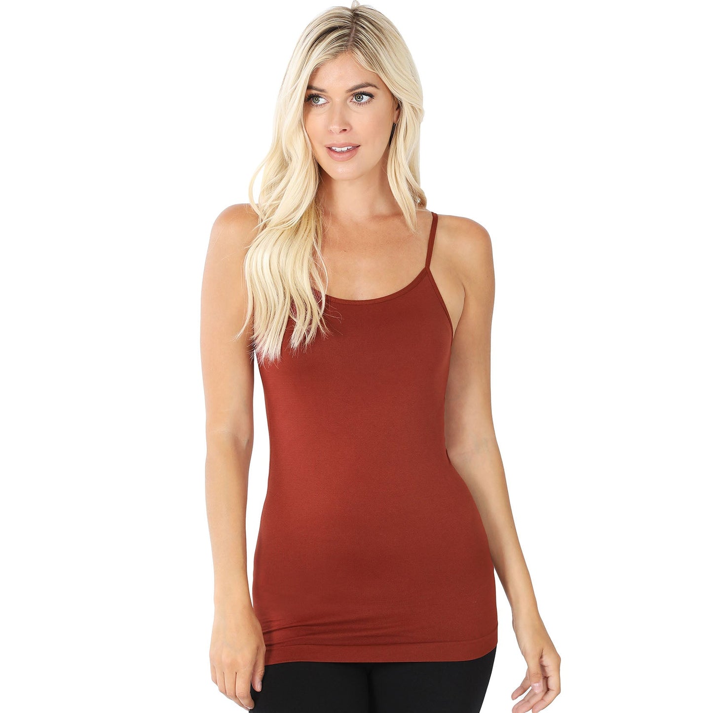 Women Basic Seamless Slim Fit Longline Undershirt Spaghetti Camisole Tank Top with Adjustable Straps