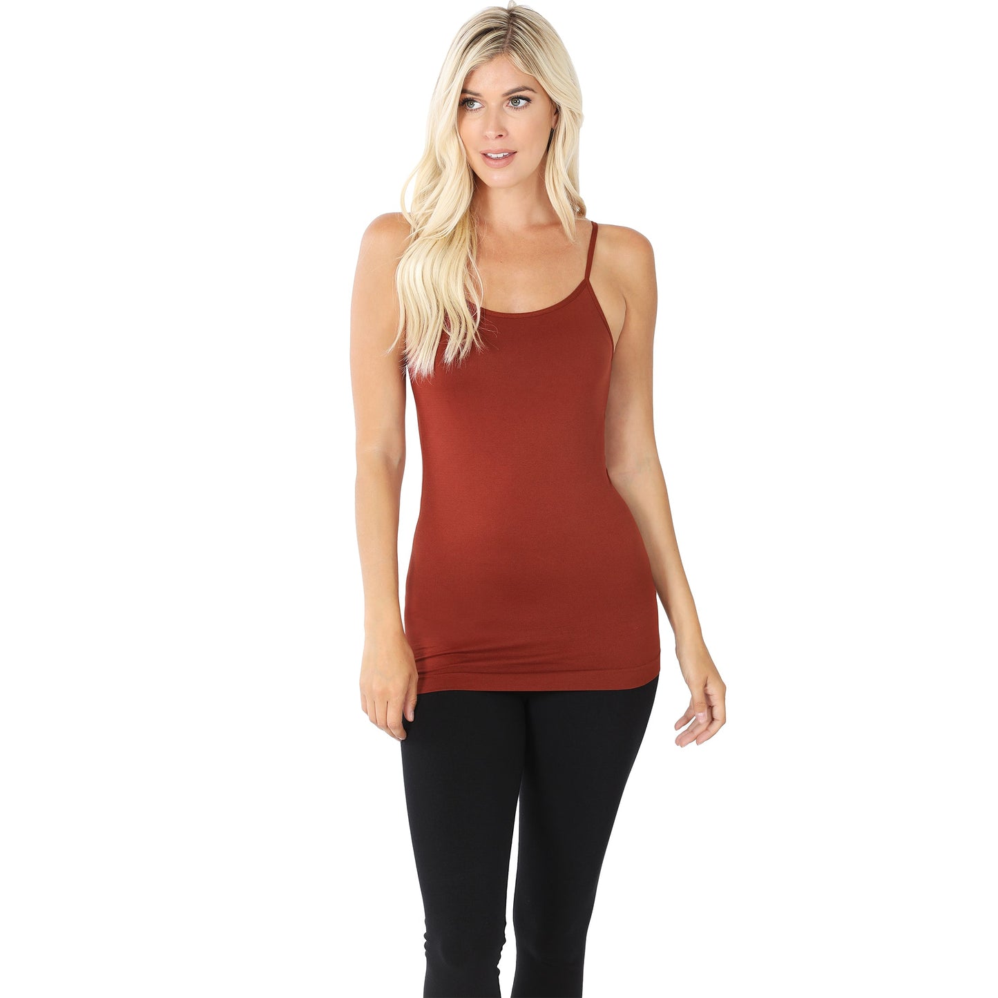 Women Basic Seamless Slim Fit Longline Undershirt Spaghetti Camisole Tank Top with Adjustable Straps