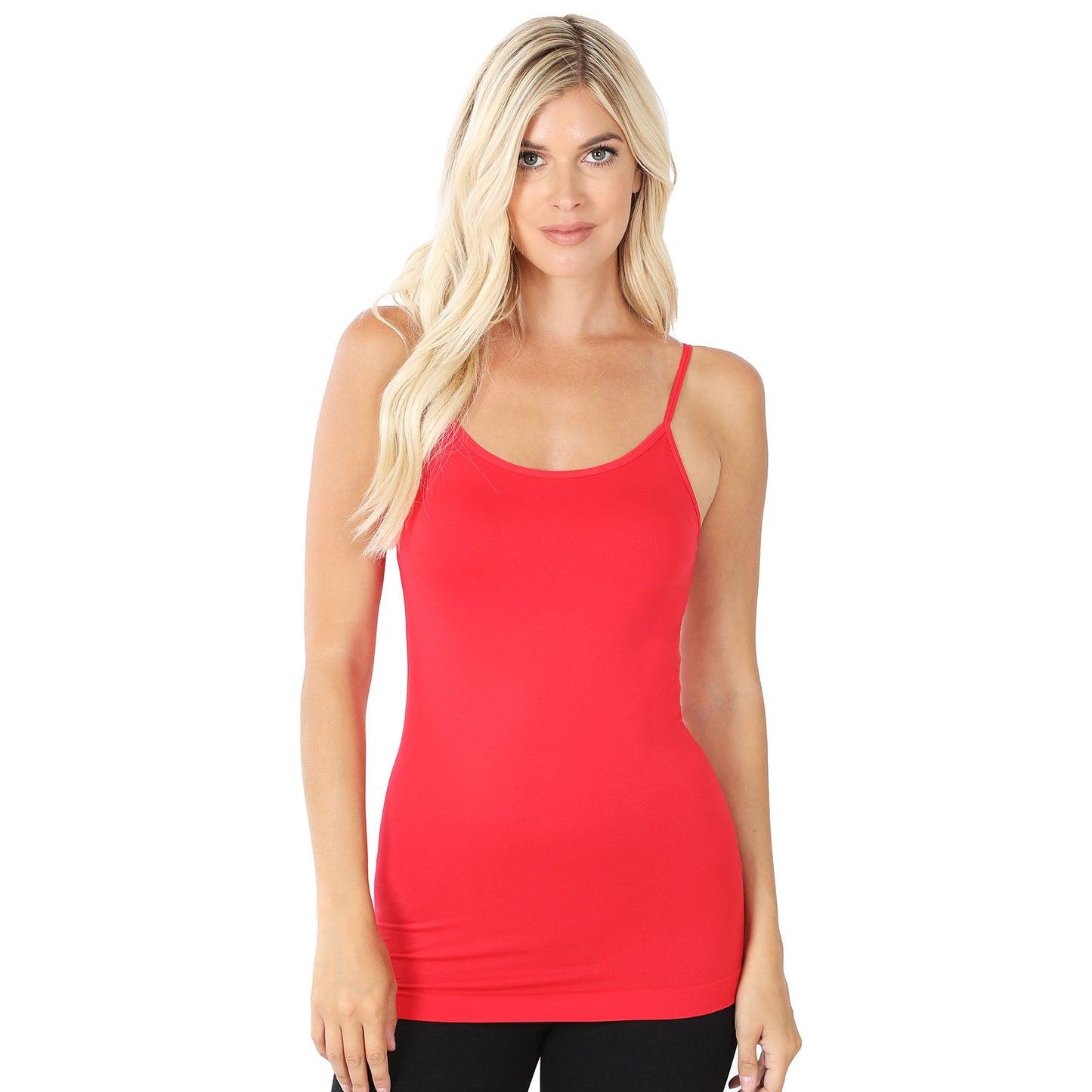 Women Basic Seamless Slim Fit Longline Undershirt Spaghetti Camisole Tank Top with Adjustable Straps