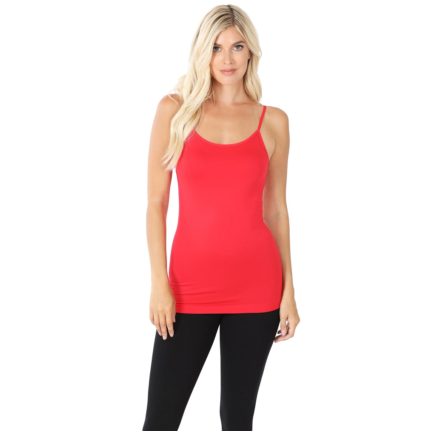 Women Basic Seamless Slim Fit Longline Undershirt Spaghetti Camisole Tank Top with Adjustable Straps