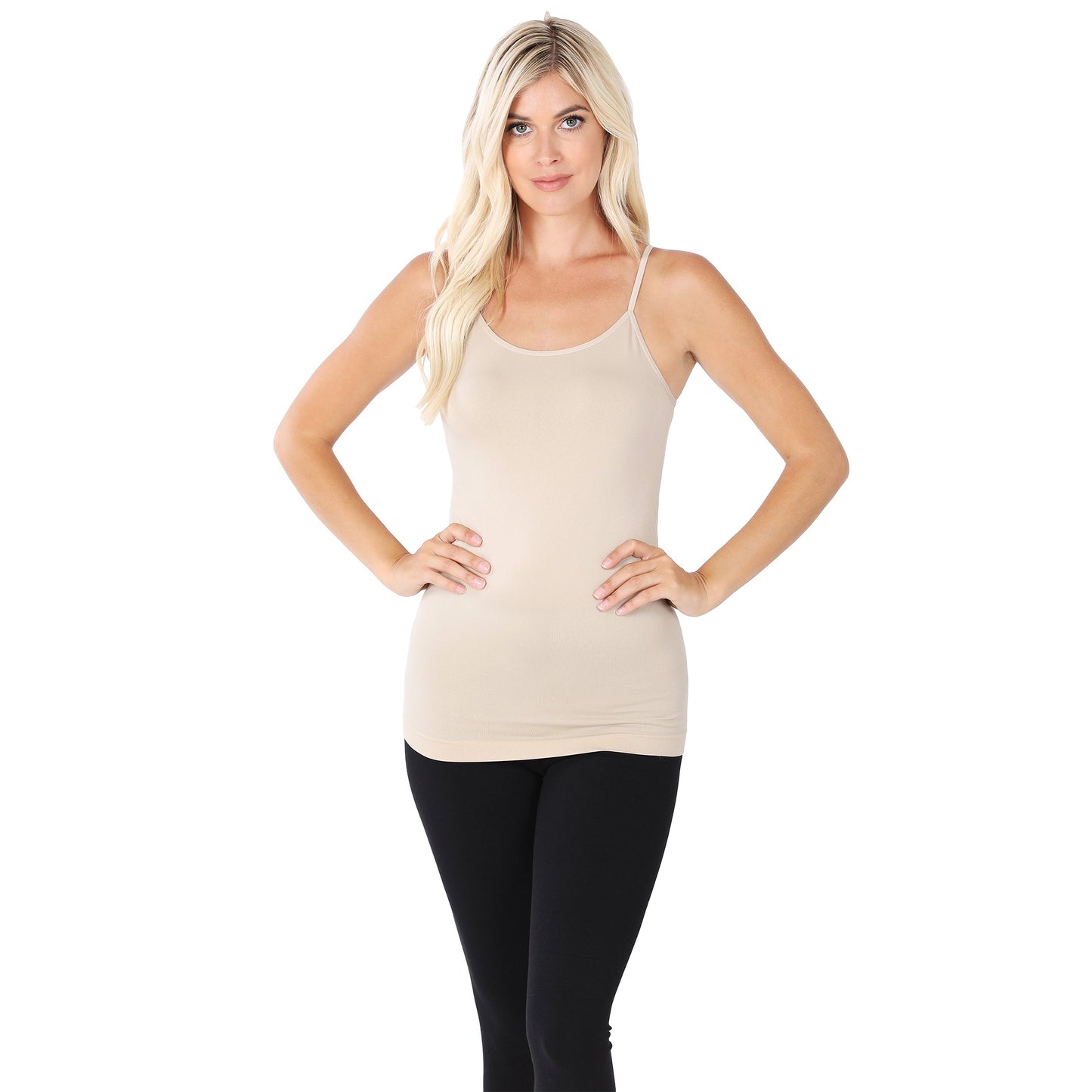 Women Basic Seamless Slim Fit Longline Undershirt Spaghetti Camisole Tank Top with Adjustable Straps