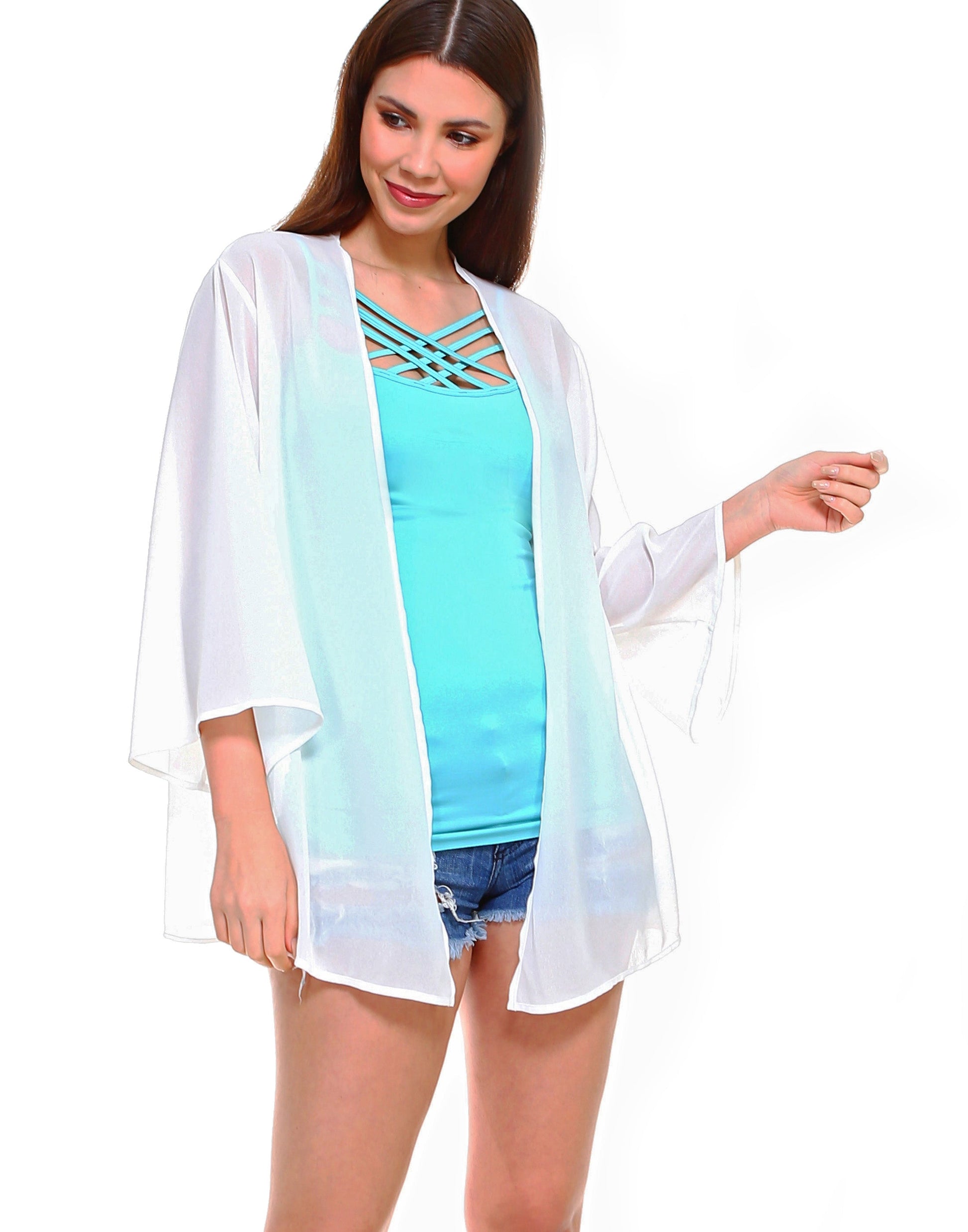 Solid chiffon loose fit kimono sleeves open cardigan and cover up - Shop Lev