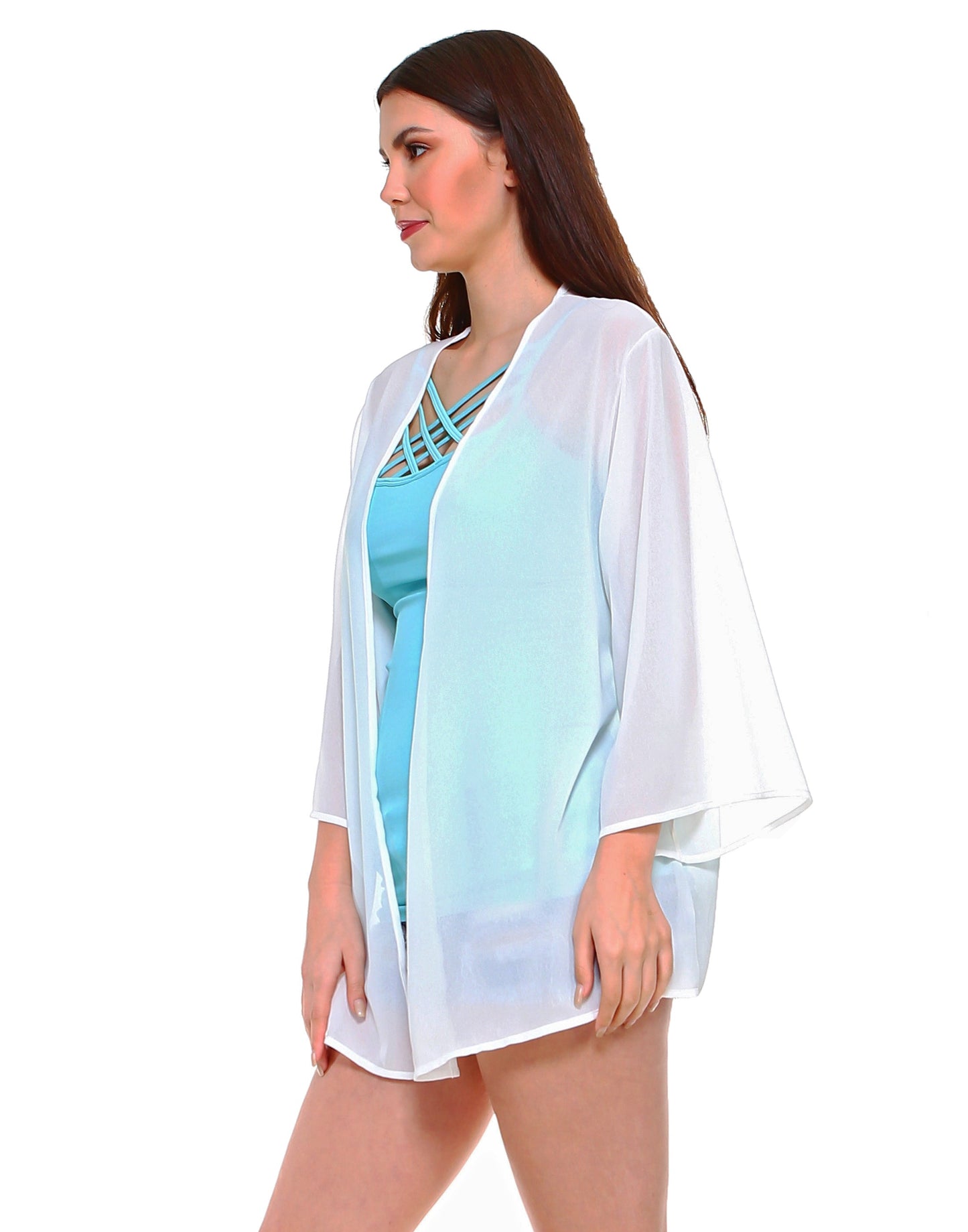 Solid chiffon loose fit kimono sleeves open cardigan and cover up - Shop Lev