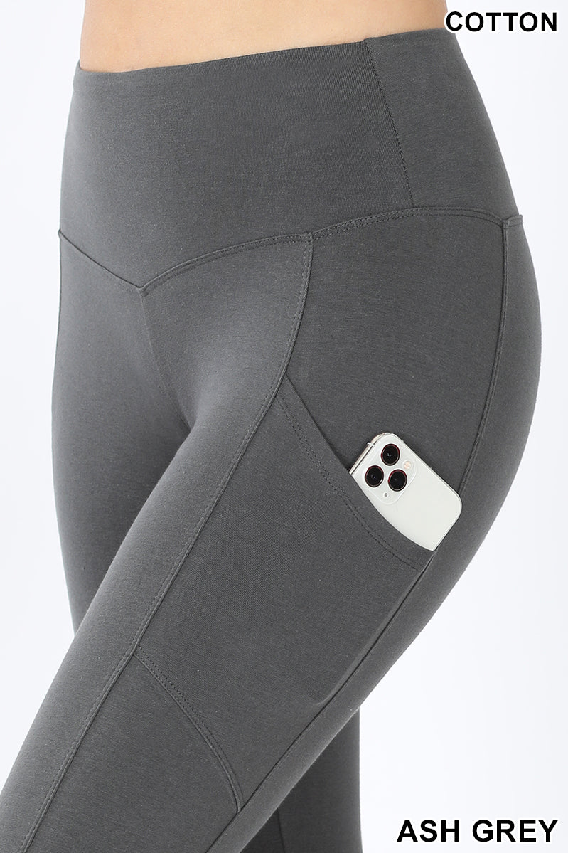 Women High Waist Wide Waistband Out Side Pocket Full Length Yoga Workout Cotton Leggings