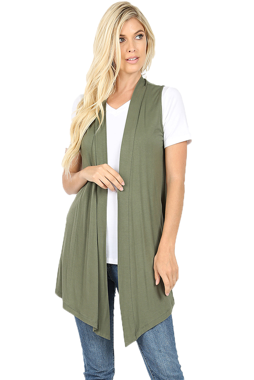 Women Draped Flowy Lightweight Jersey Casual Layering midi Length Cardigan Vest -Sleeveless and Long Sleeves