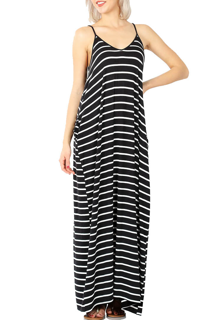 Women V Neck Spaghetti Strap Loose fit Summer Beach Maxi Dress Sundress with Pockets