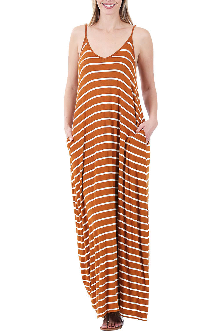 Women V Neck Spaghetti Strap Loose fit Summer Beach Maxi Dress Sundress with Pockets