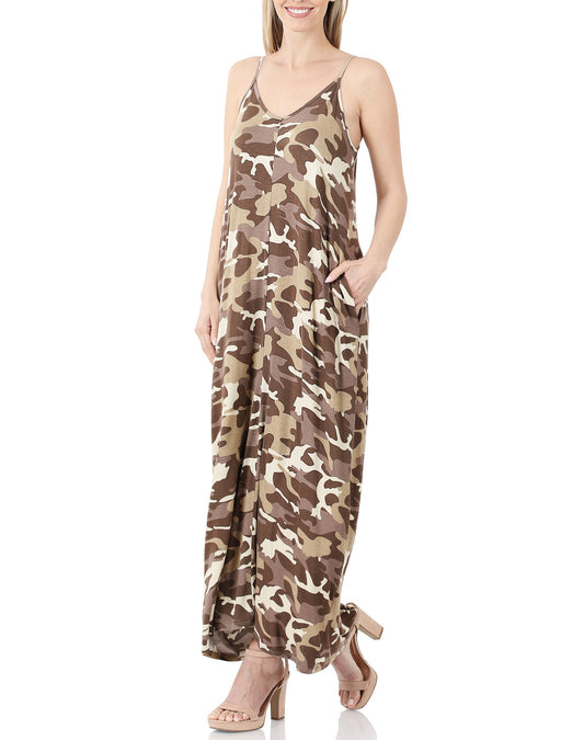 Women V Neck Spaghetti Strap Loose fit Summer Beach Maxi Dress Sundress with Pockets