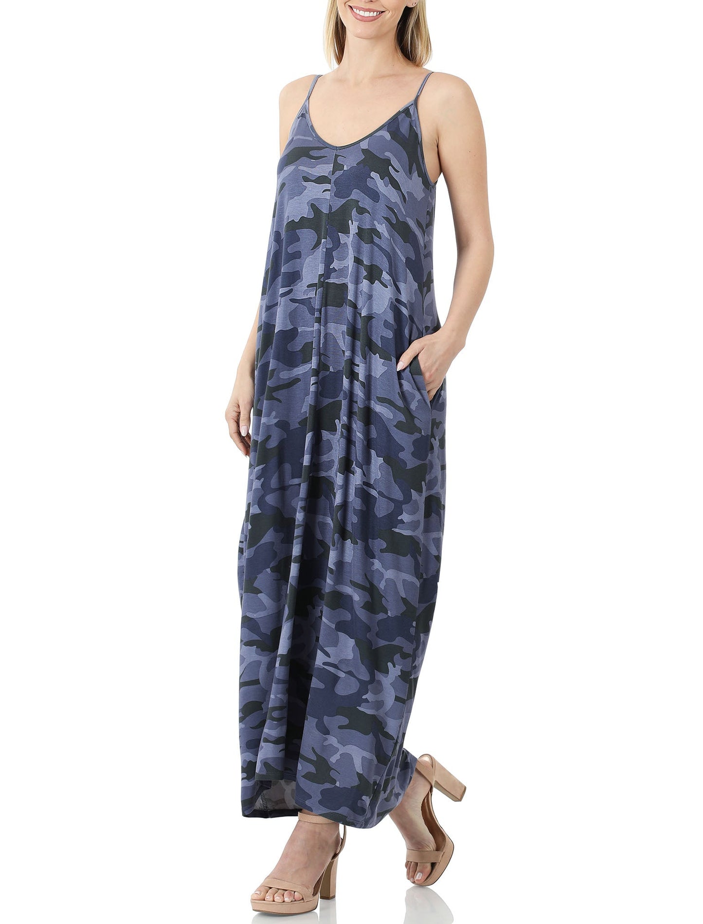 Women V Neck Spaghetti Strap Loose fit Summer Beach Maxi Dress Sundress with Pockets