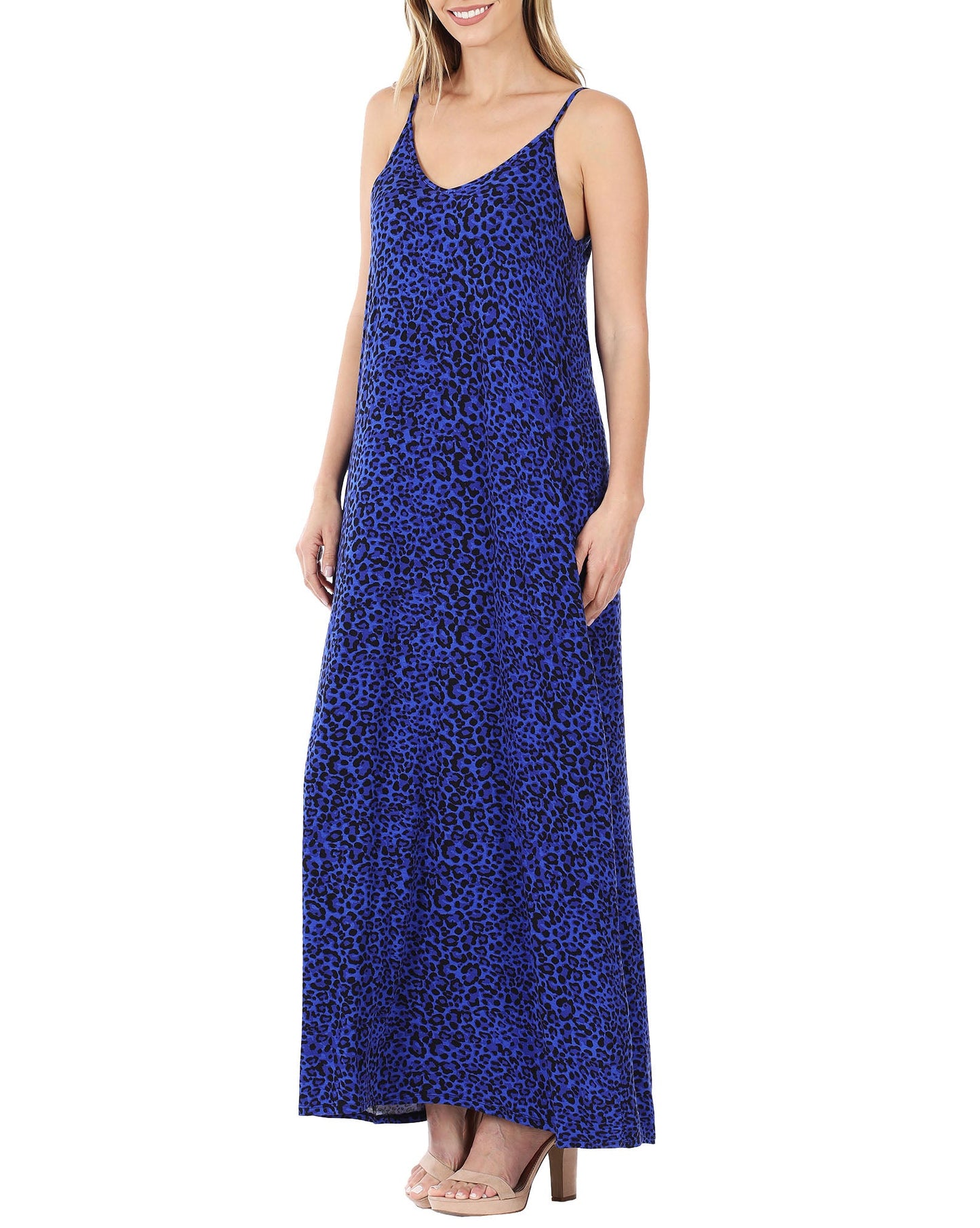 Women V Neck Spaghetti Strap Loose fit Summer Beach Maxi Dress Sundress with Pockets