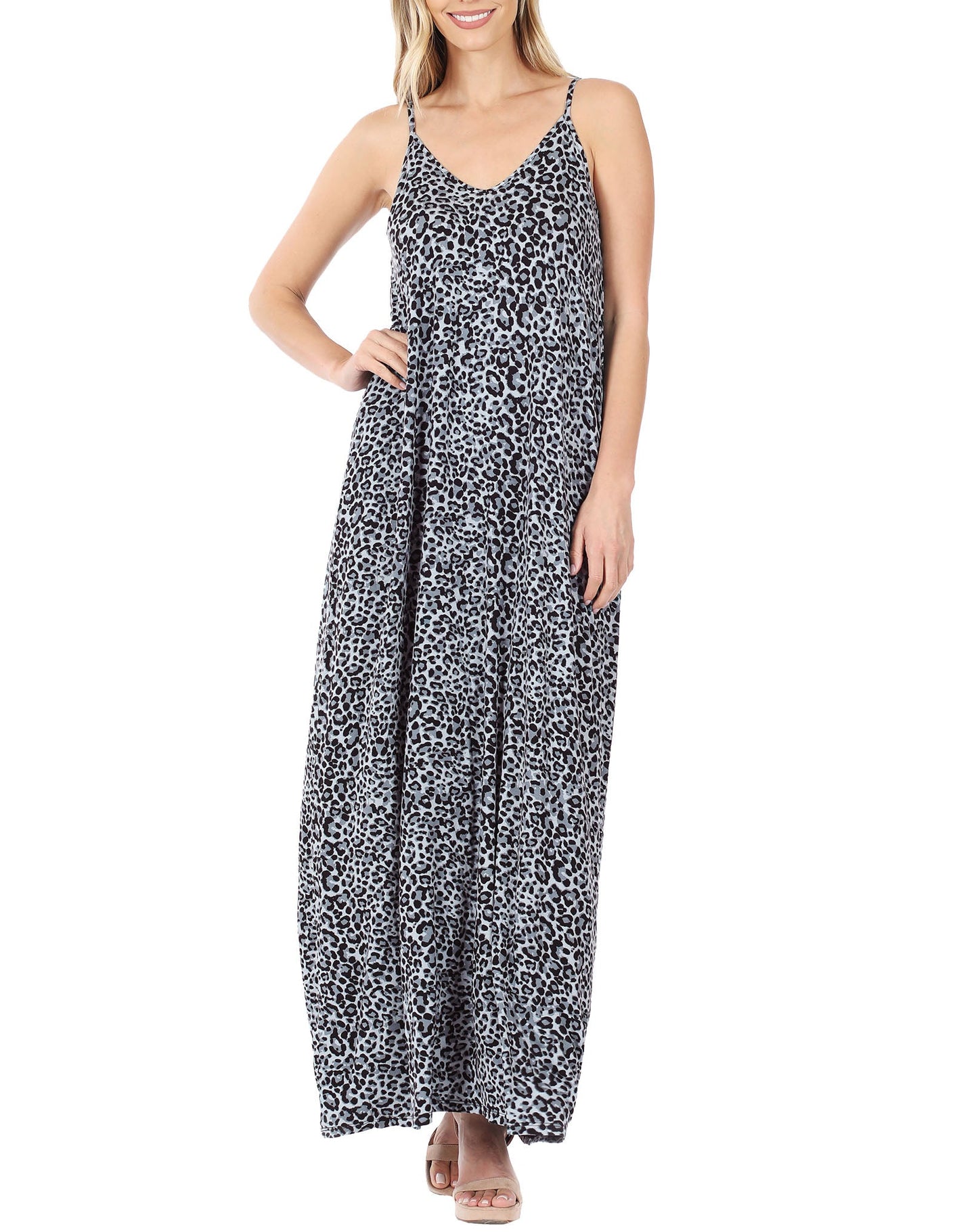 Women V Neck Spaghetti Strap Loose fit Summer Beach Maxi Dress Sundress with Pockets