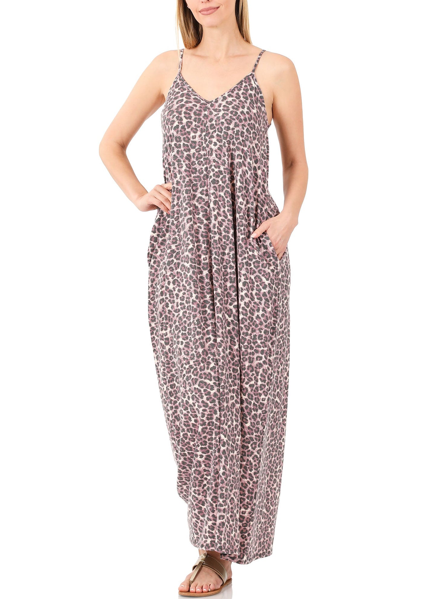 Women V Neck Spaghetti Strap Loose fit Summer Beach Maxi Dress Sundress with Pockets