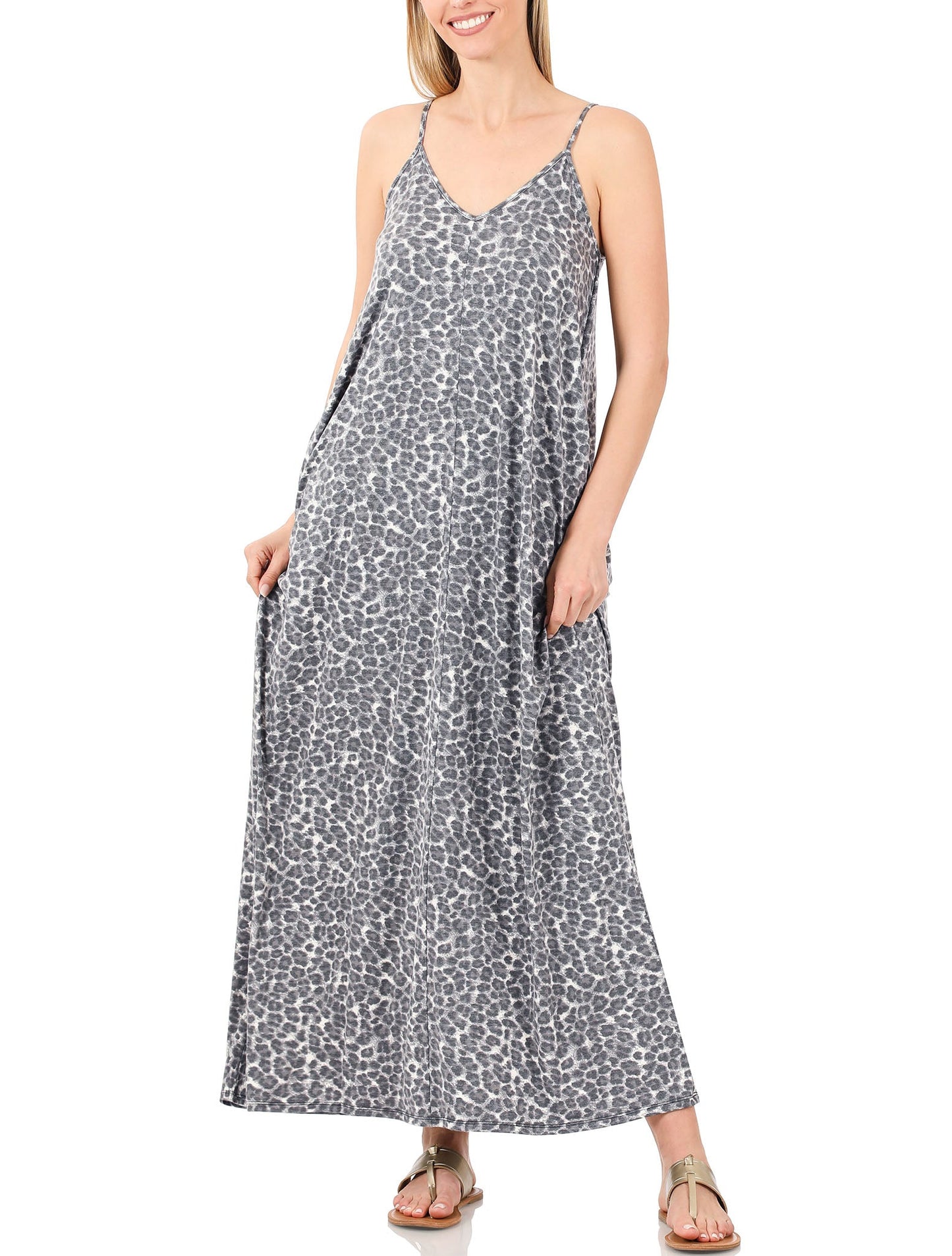 Women V Neck Spaghetti Strap Loose fit Summer Beach Maxi Dress Sundress with Pockets