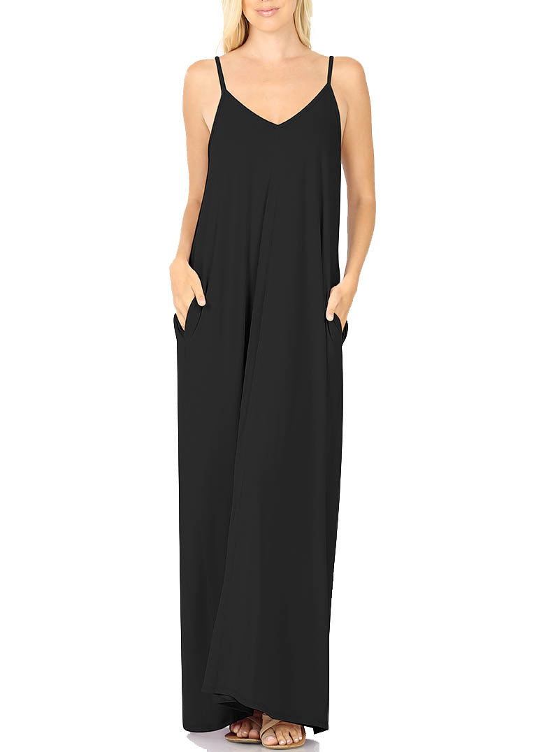 Women V Neck Spaghetti Strap Loose fit Summer Beach Maxi Dress Sundress with Pockets